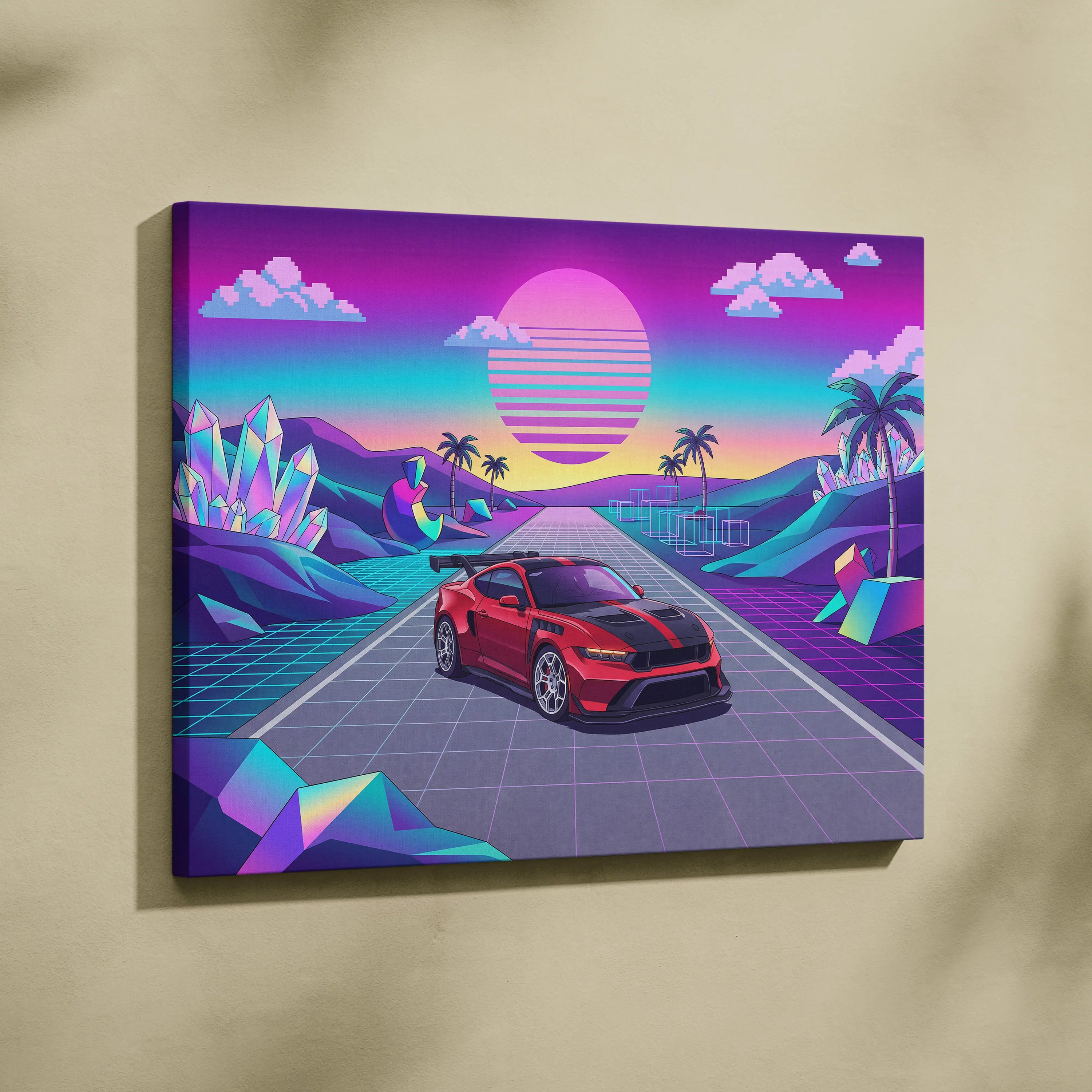 Ford Mustang GTD Inspired Red Vaporwave Canvas Wall Art, Neon Sunset Pixel Road, Retro Futuristic Garage Decor, Sports Car Artwork