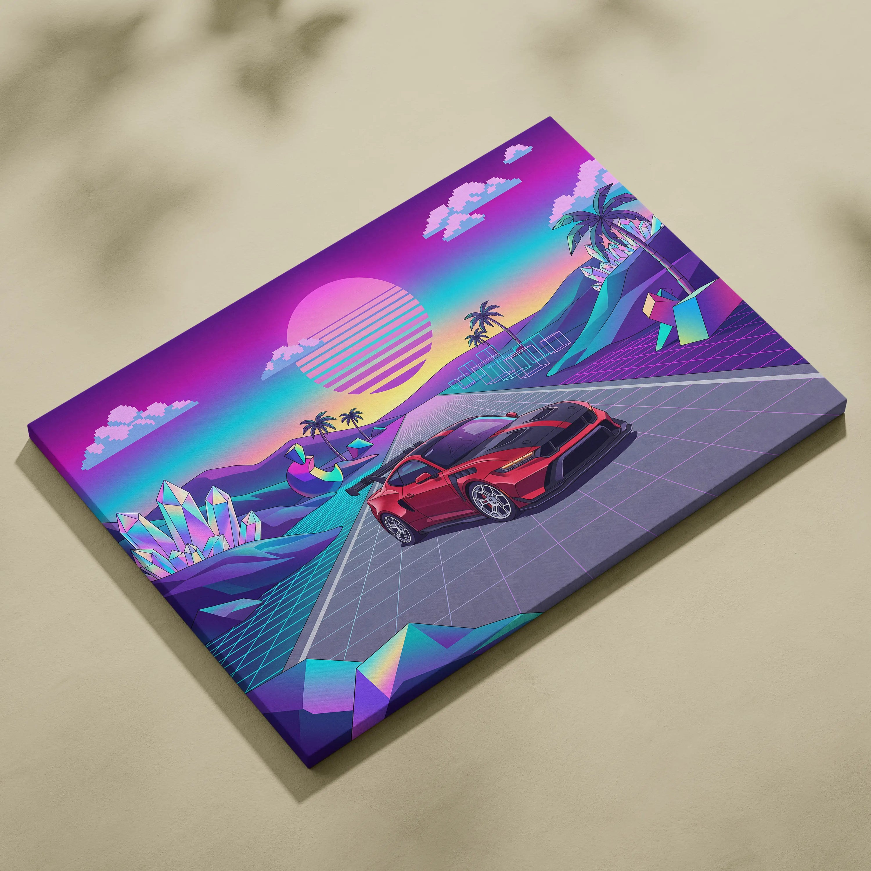 Ford Mustang GTD Inspired Red Vaporwave Canvas Wall Art, Neon Sunset Pixel Road, Retro Futuristic Garage Decor, Sports Car Artwork