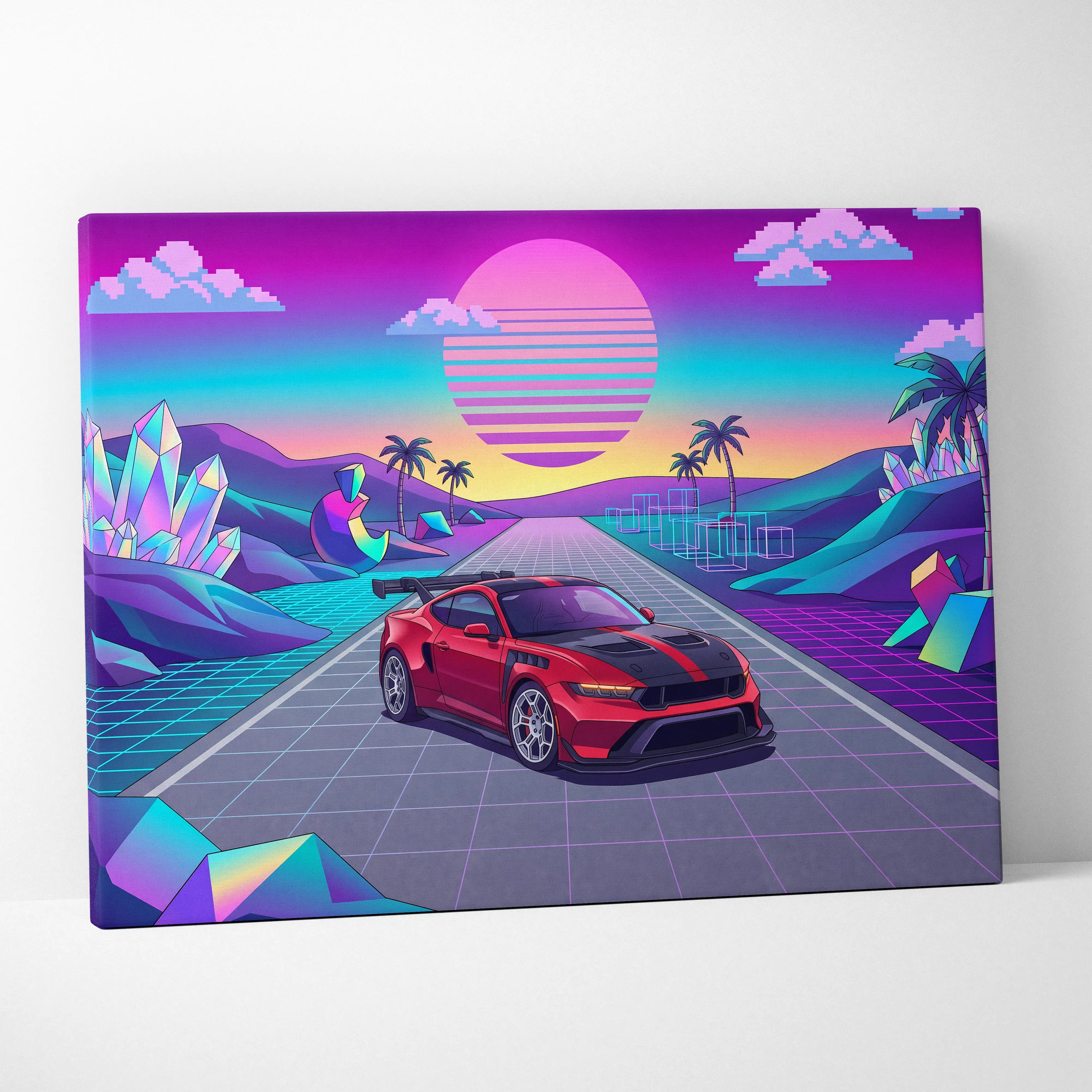 Ford Mustang GTD Inspired Red Vaporwave Canvas Wall Art, Neon Sunset Pixel Road, Retro Futuristic Garage Decor, Sports Car Artwork
