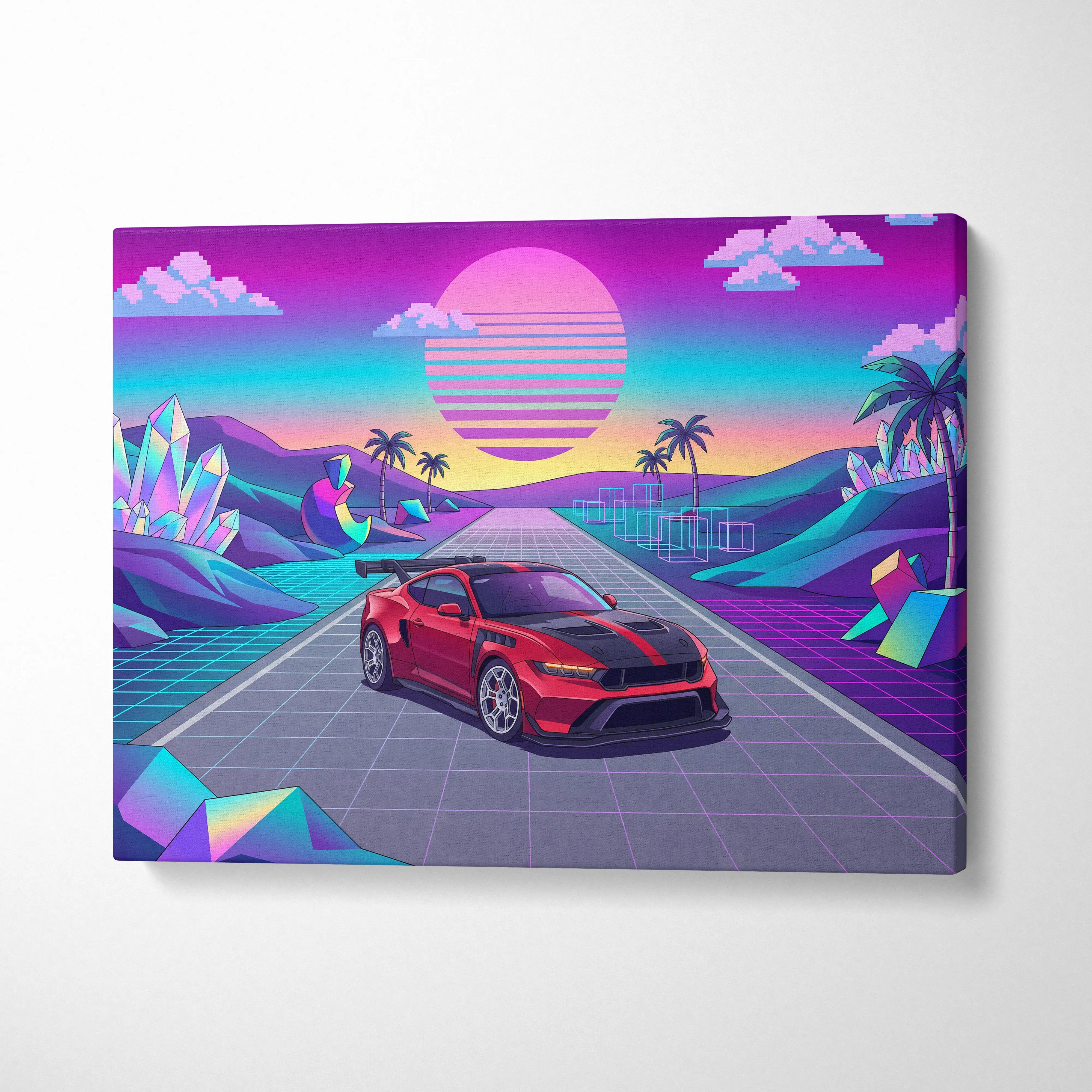 Ford Mustang GTD Inspired Red Vaporwave Canvas Wall Art, Neon Sunset Pixel Road, Retro Futuristic Garage Decor, Sports Car Artwork