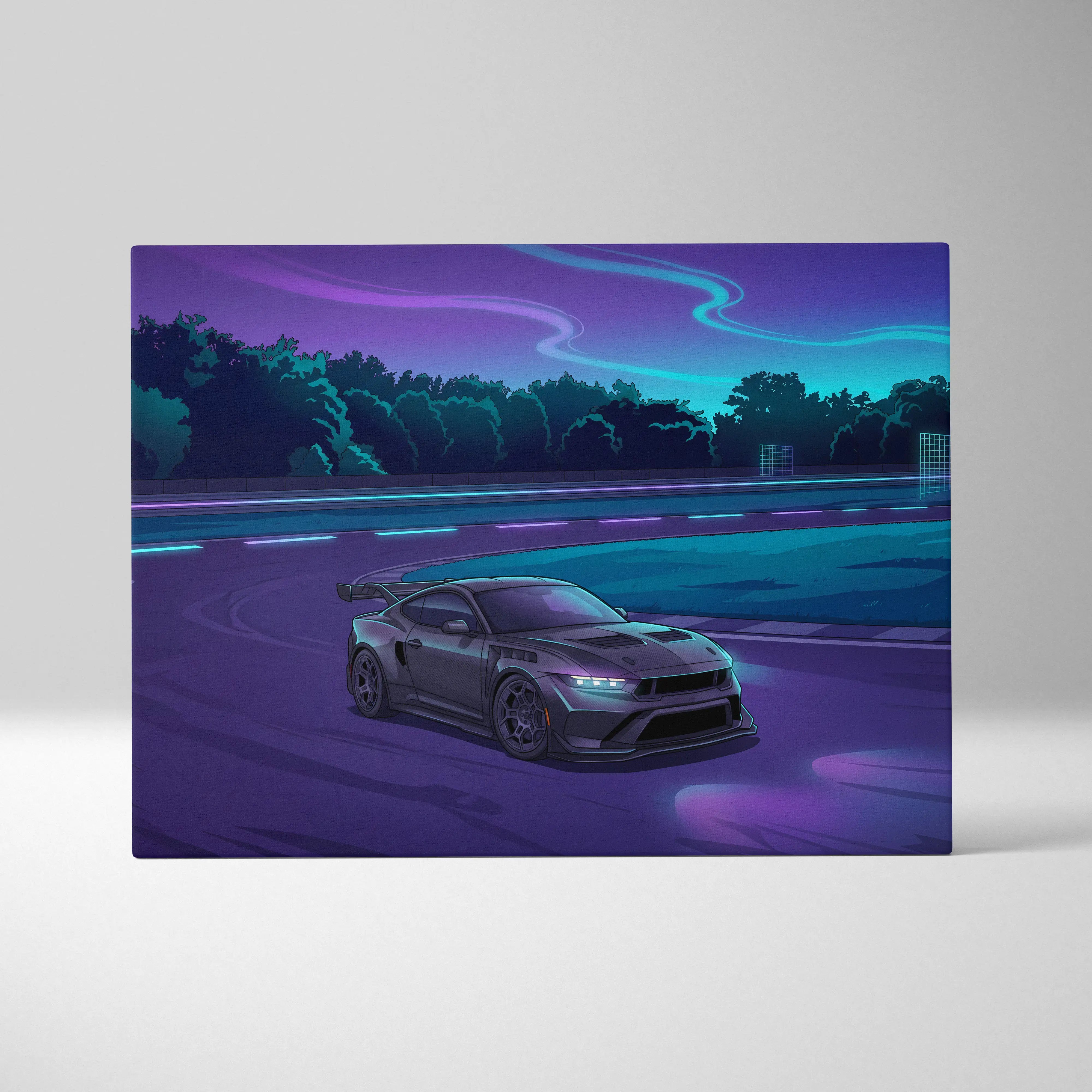 Ford Mustang Inspired Gray Purple Canvas Wall Art, Vaporwave Muscle Car Artwork, Neon Highway Decor, Retro Futuristic Garage Print