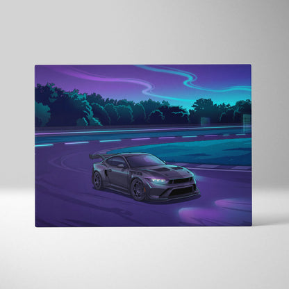 Ford Mustang Inspired Gray Purple Canvas Wall Art, Vaporwave Muscle Car Artwork, Neon Highway Decor, Retro Futuristic Garage Print