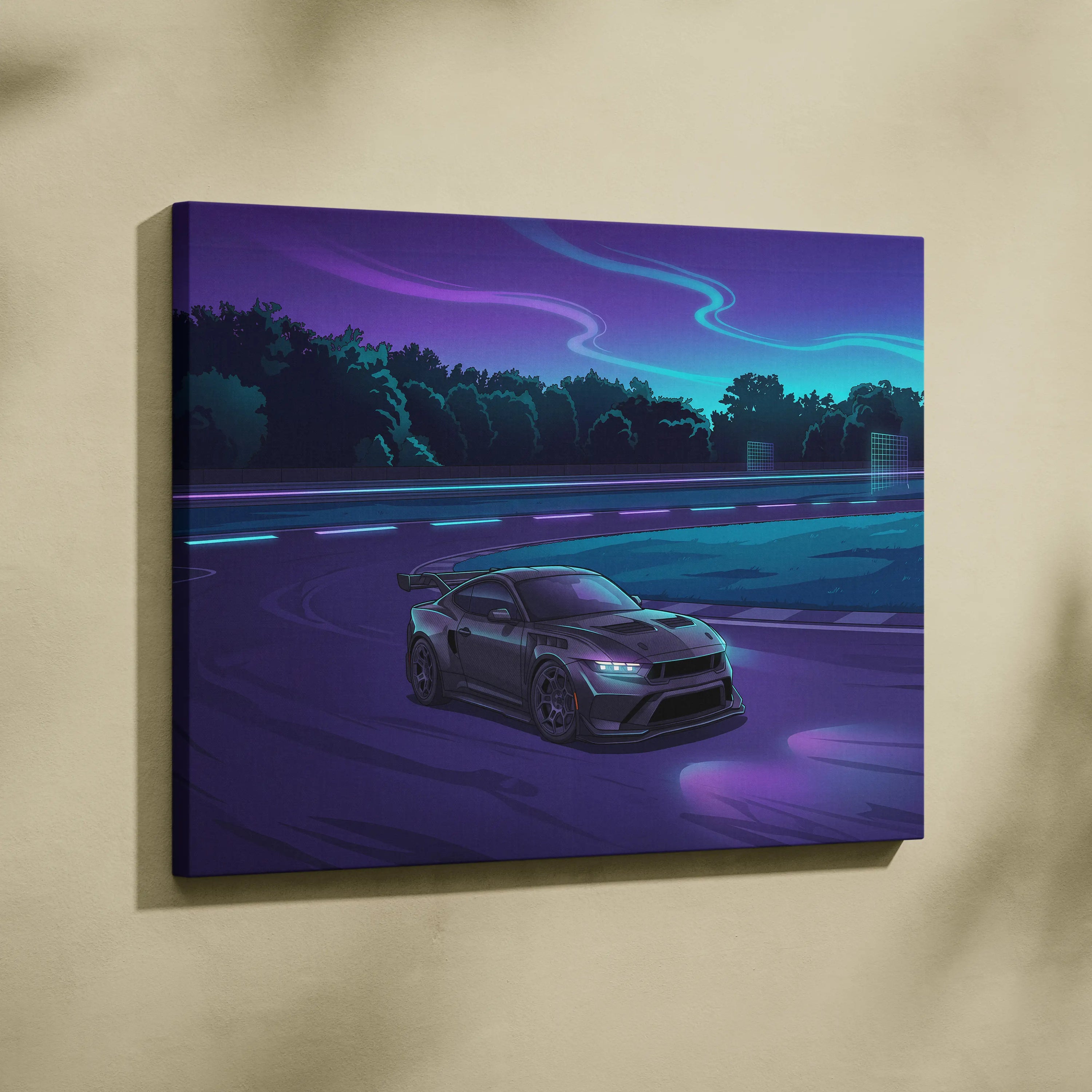 Ford Mustang Inspired Gray Purple Canvas Wall Art, Vaporwave Muscle Car Artwork, Neon Highway Decor, Retro Futuristic Garage Print