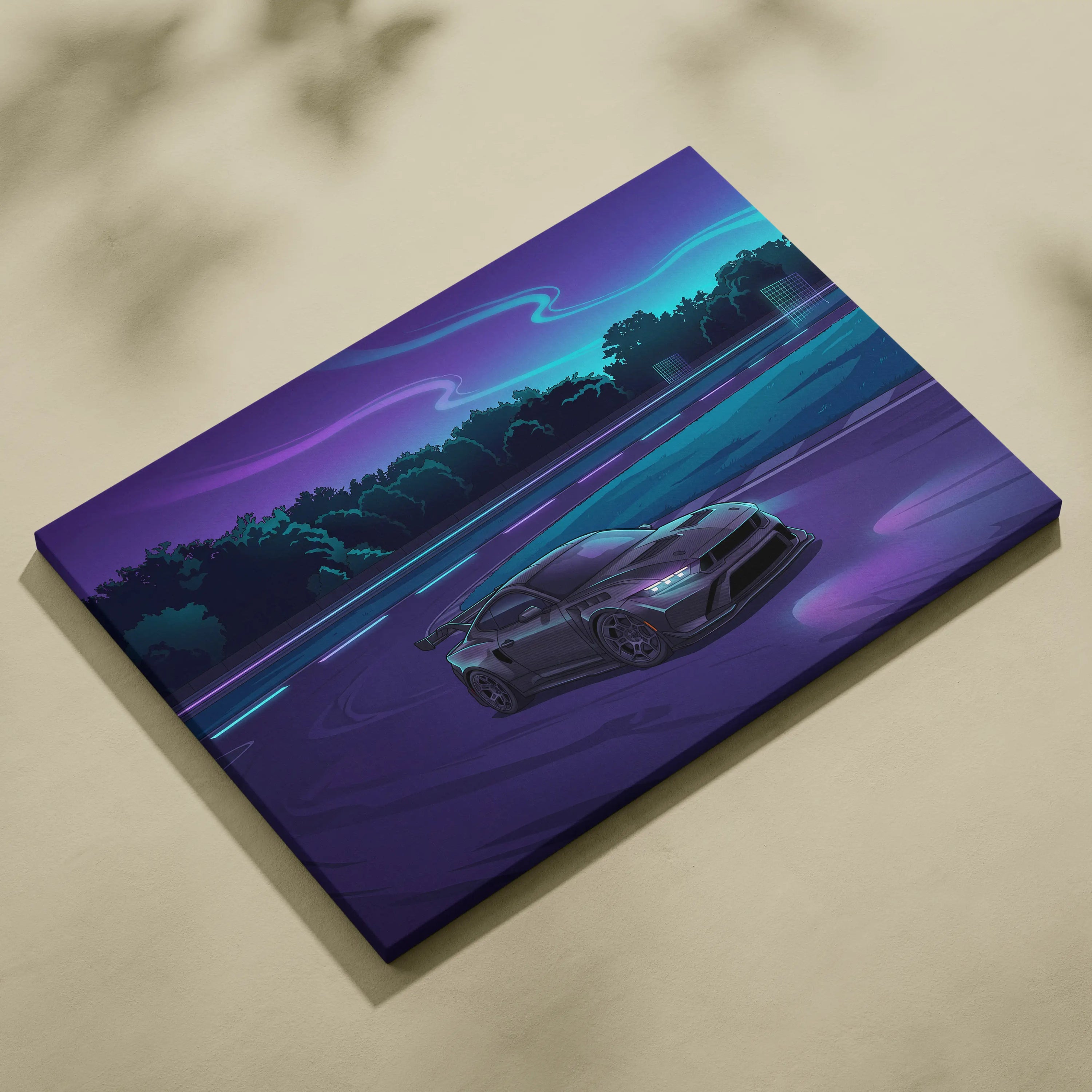 Ford Mustang Inspired Gray Purple Canvas Wall Art, Vaporwave Muscle Car Artwork, Neon Highway Decor, Retro Futuristic Garage Print