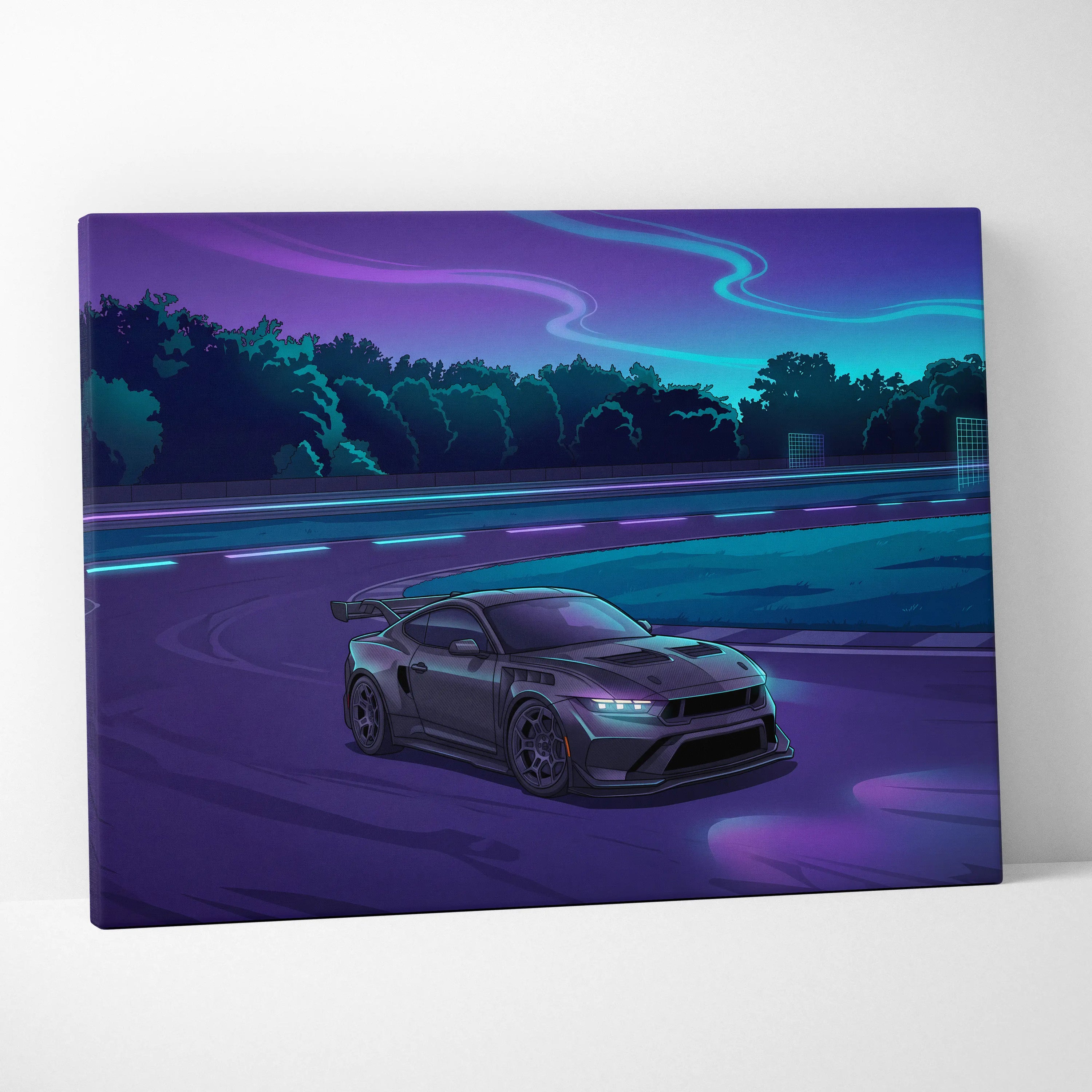Ford Mustang Inspired Gray Purple Canvas Wall Art, Vaporwave Muscle Car Artwork, Neon Highway Decor, Retro Futuristic Garage Print