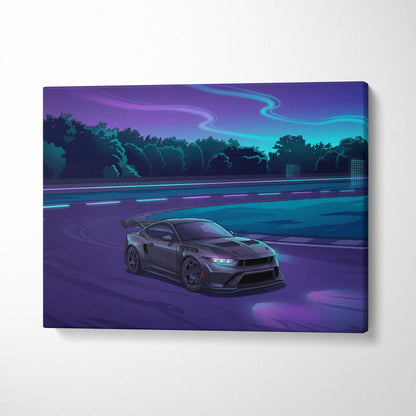 Ford Mustang Inspired Gray Purple Canvas Wall Art, Vaporwave Muscle Car Artwork, Neon Highway Decor, Retro Futuristic Garage Print