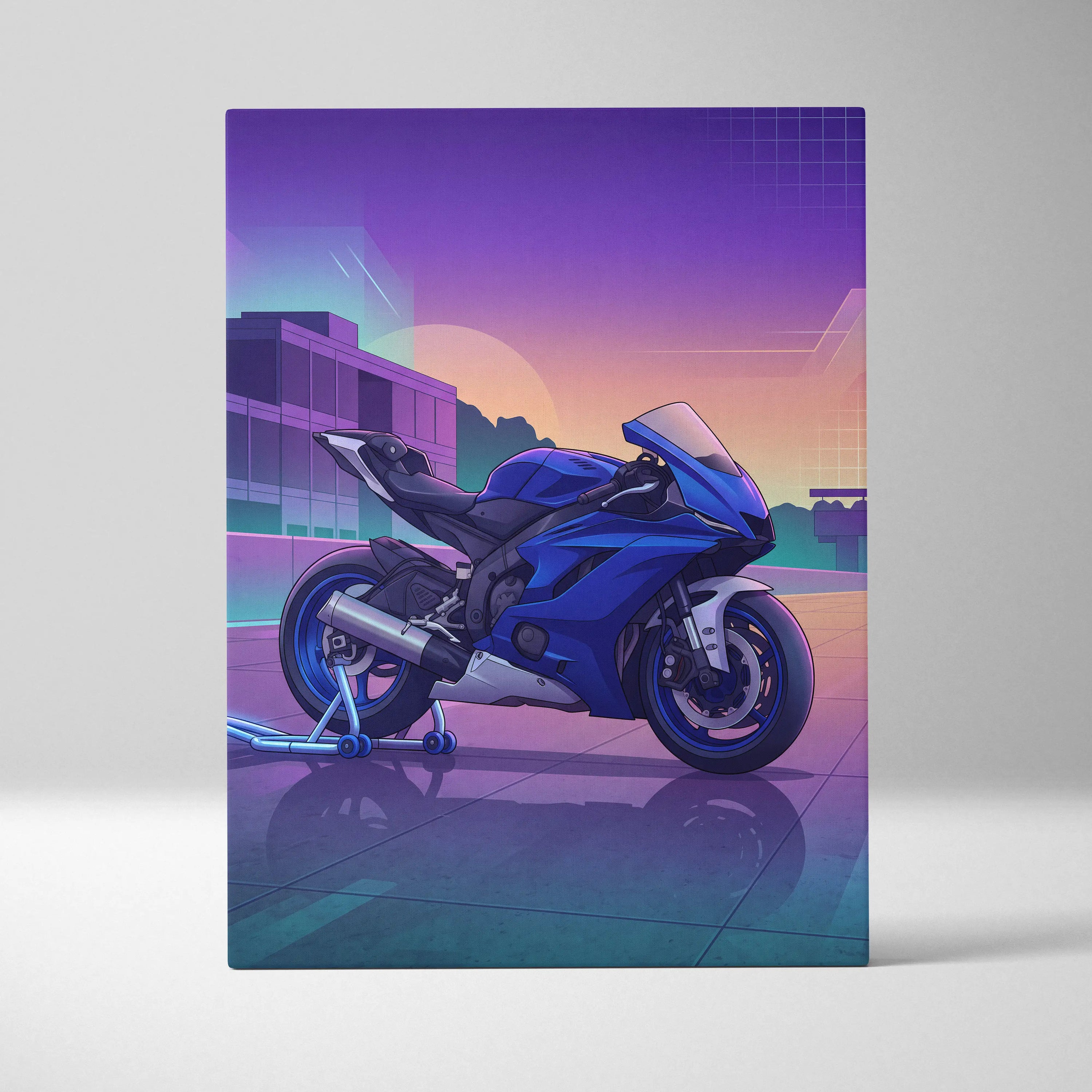 Yamaha YZF-R6 Inspired Blue Purple Motorcycle Canvas Wall Art Vaporwave Sunset Sportbike Garage Decor Retro Futuristic Racing Artwork