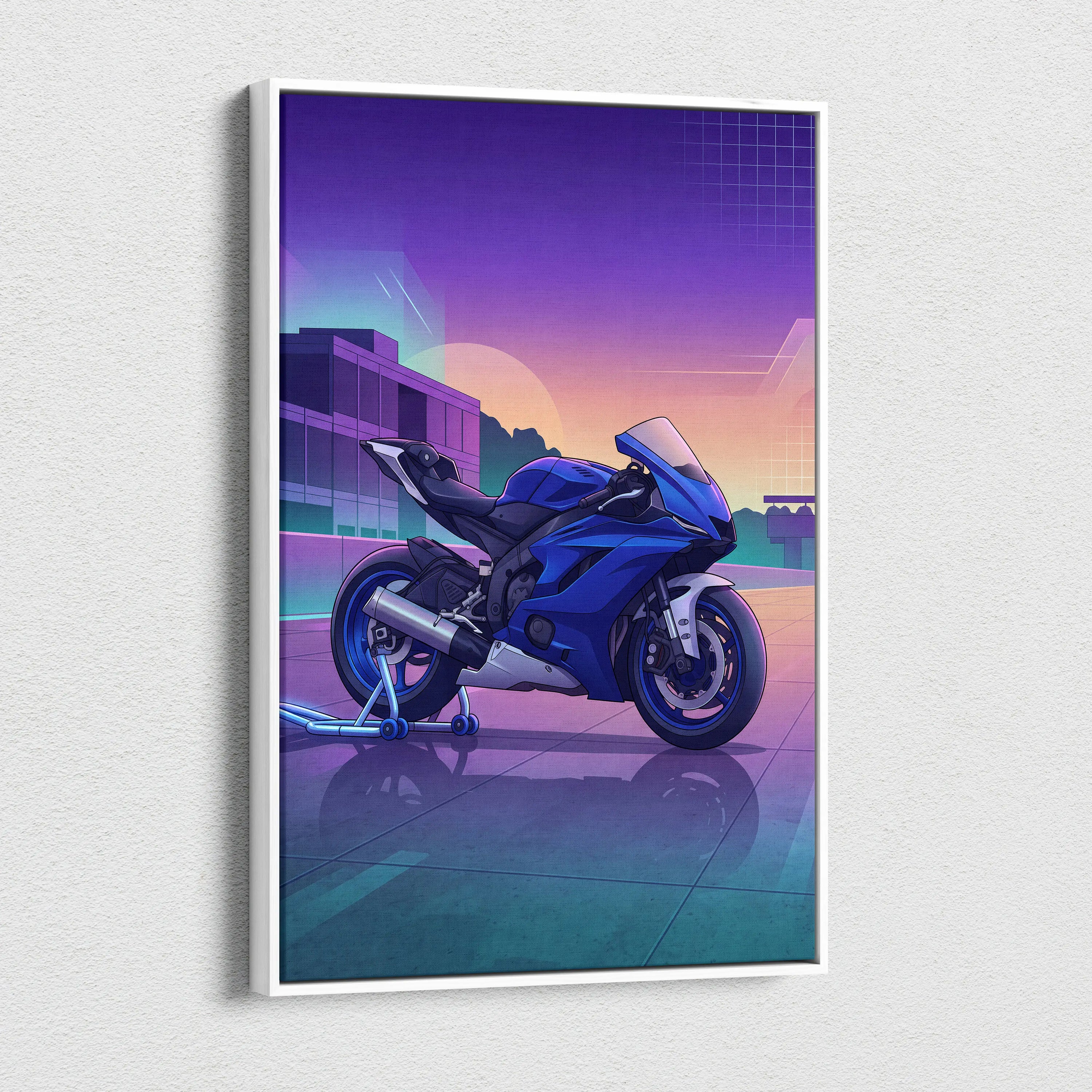 Yamaha YZF-R6 Inspired Blue Purple Motorcycle Canvas Wall Art Vaporwave Sunset Sportbike Garage Decor Retro Futuristic Racing Artwork