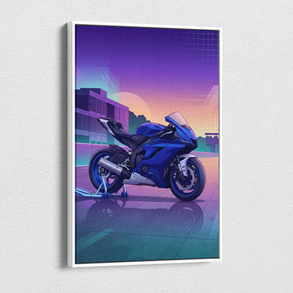 Yamaha YZF-R6 Inspired Blue Purple Motorcycle Canvas Wall Art Vaporwave Sunset Sportbike Garage Decor Retro Futuristic Racing Artwork