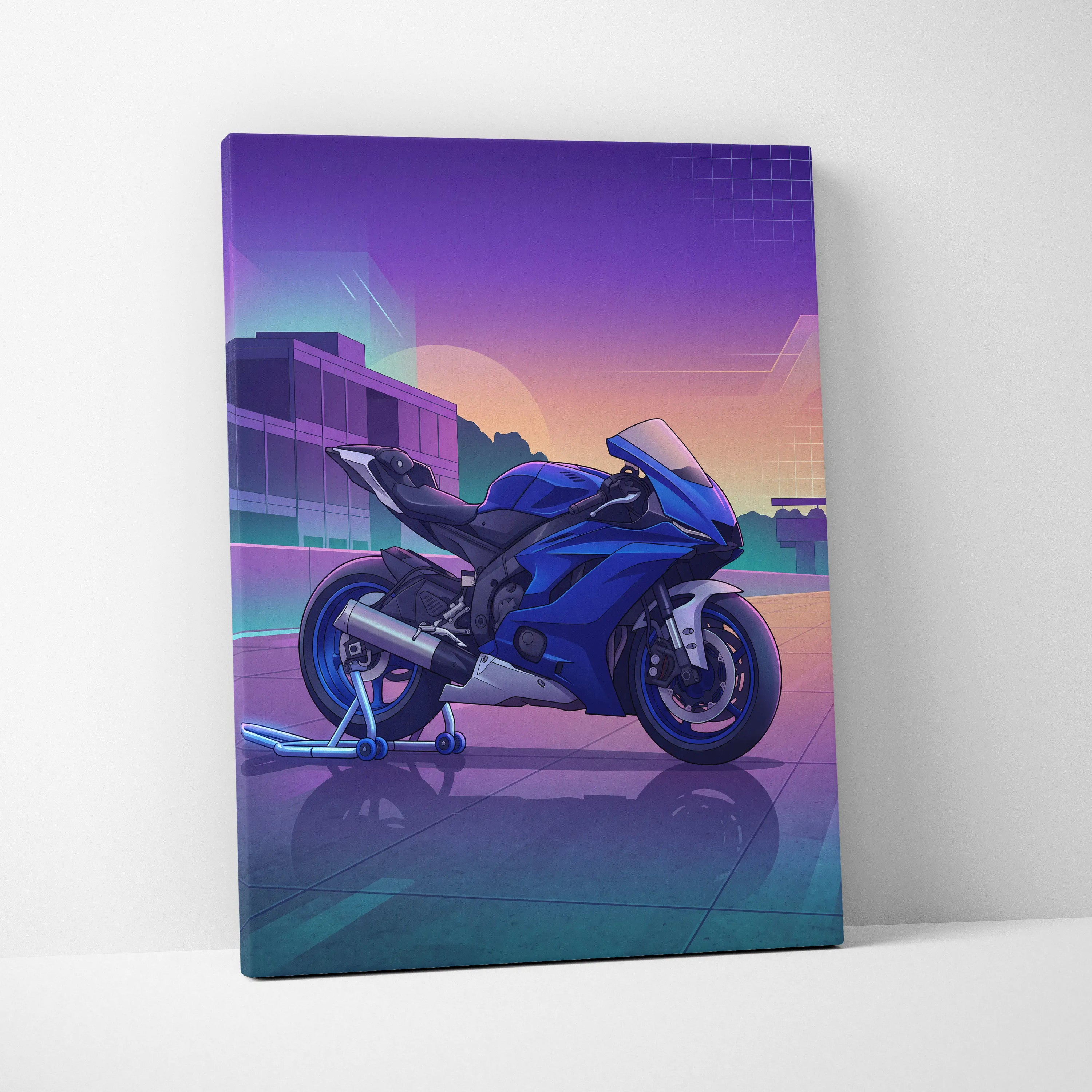 Yamaha YZF-R6 Inspired Blue Purple Motorcycle Canvas Wall Art Vaporwave Sunset Sportbike Garage Decor Retro Futuristic Racing Artwork