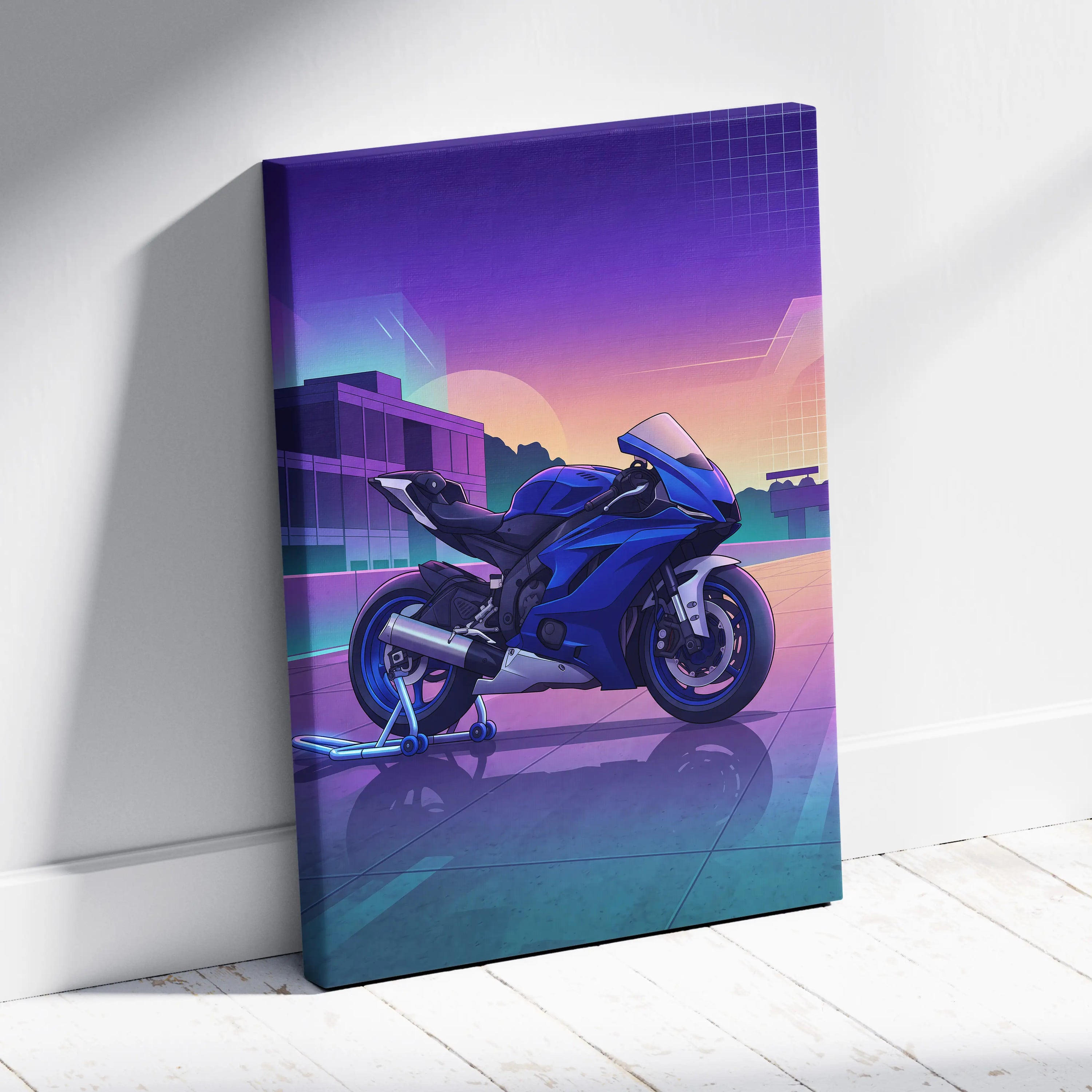 Yamaha YZF-R6 Inspired Blue Purple Motorcycle Canvas Wall Art Vaporwave Sunset Sportbike Garage Decor Retro Futuristic Racing Artwork