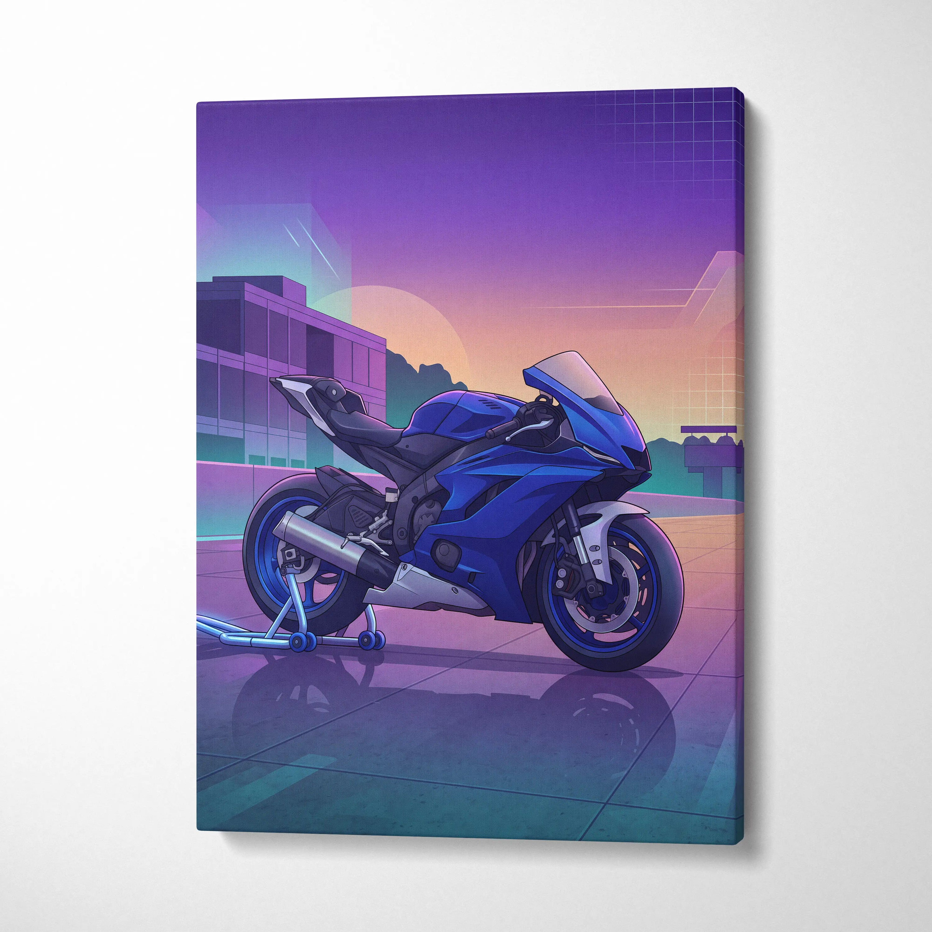 Yamaha YZF-R6 Inspired Blue Purple Motorcycle Canvas Wall Art Vaporwave Sunset Sportbike Garage Decor Retro Futuristic Racing Artwork