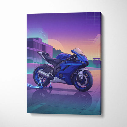 Yamaha YZF-R6 Inspired Blue Purple Motorcycle Canvas Wall Art Vaporwave Sunset Sportbike Garage Decor Retro Futuristic Racing Artwork