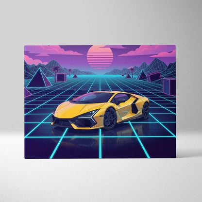 Lamborghini Revuelto Inspired Sunset Car Canvas - Car Neon Pink Purple Blue Vaporwave Mood Nostalgic Futuristic Decor Canvas