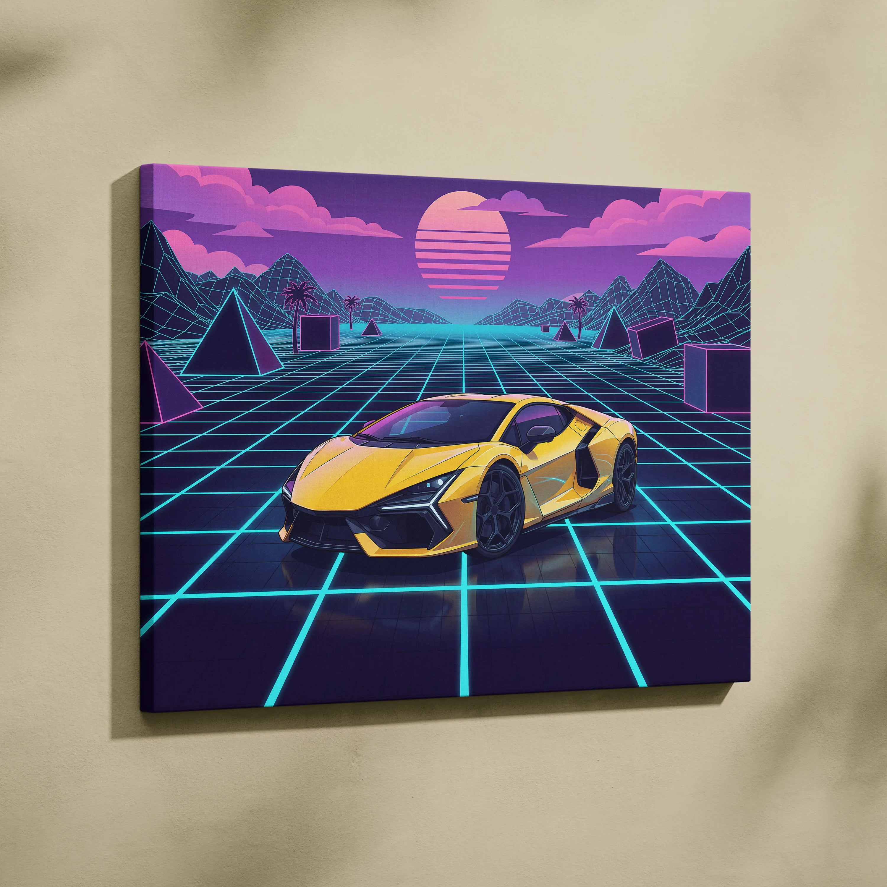 Lamborghini Revuelto Inspired Sunset Car Canvas - Car Neon Pink Purple Blue Vaporwave Mood Nostalgic Futuristic Decor Canvas