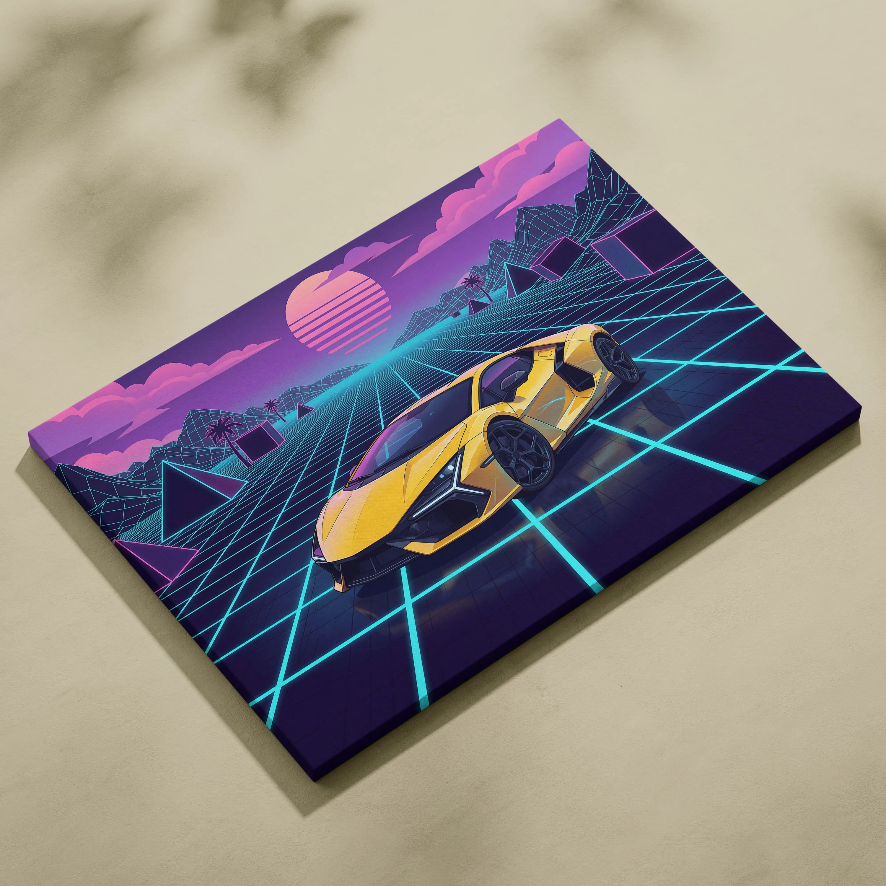 Lamborghini Revuelto Inspired Sunset Car Canvas - Car Neon Pink Purple Blue Vaporwave Mood Nostalgic Futuristic Decor Canvas