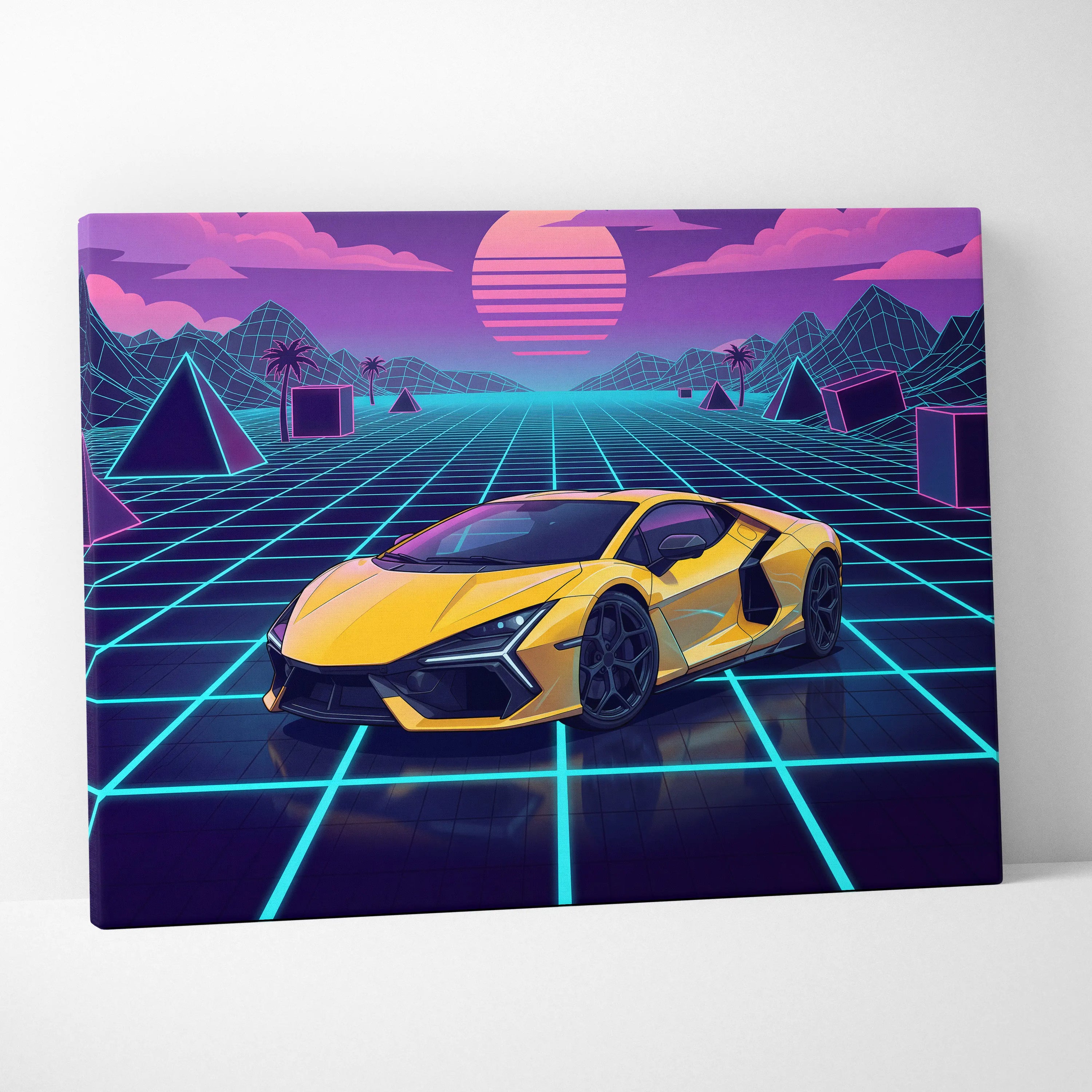 Lamborghini Revuelto Inspired Sunset Car Canvas - Car Neon Pink Purple Blue Vaporwave Mood Nostalgic Futuristic Decor Canvas