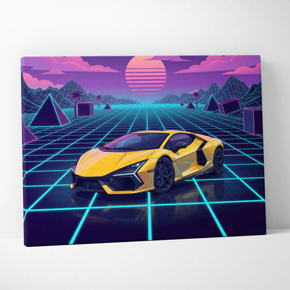 Lamborghini Revuelto Inspired Sunset Car Canvas - Car Neon Pink Purple Blue Vaporwave Mood Nostalgic Futuristic Decor Canvas