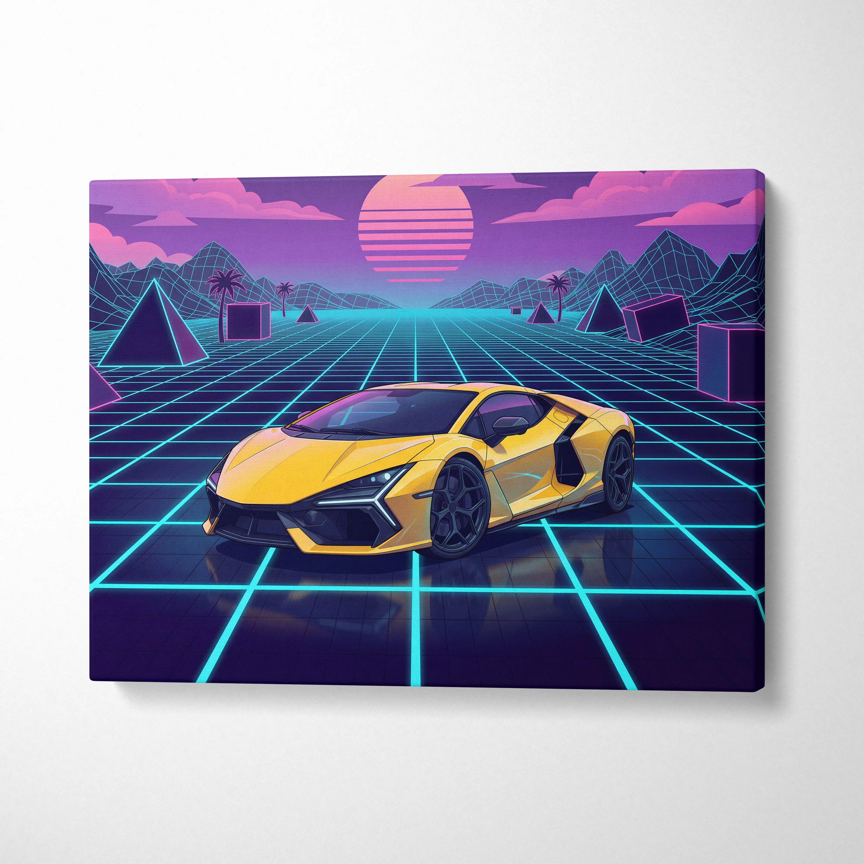 Lamborghini Revuelto Inspired Sunset Car Canvas - Car Neon Pink Purple Blue Vaporwave Mood Nostalgic Futuristic Decor Canvas