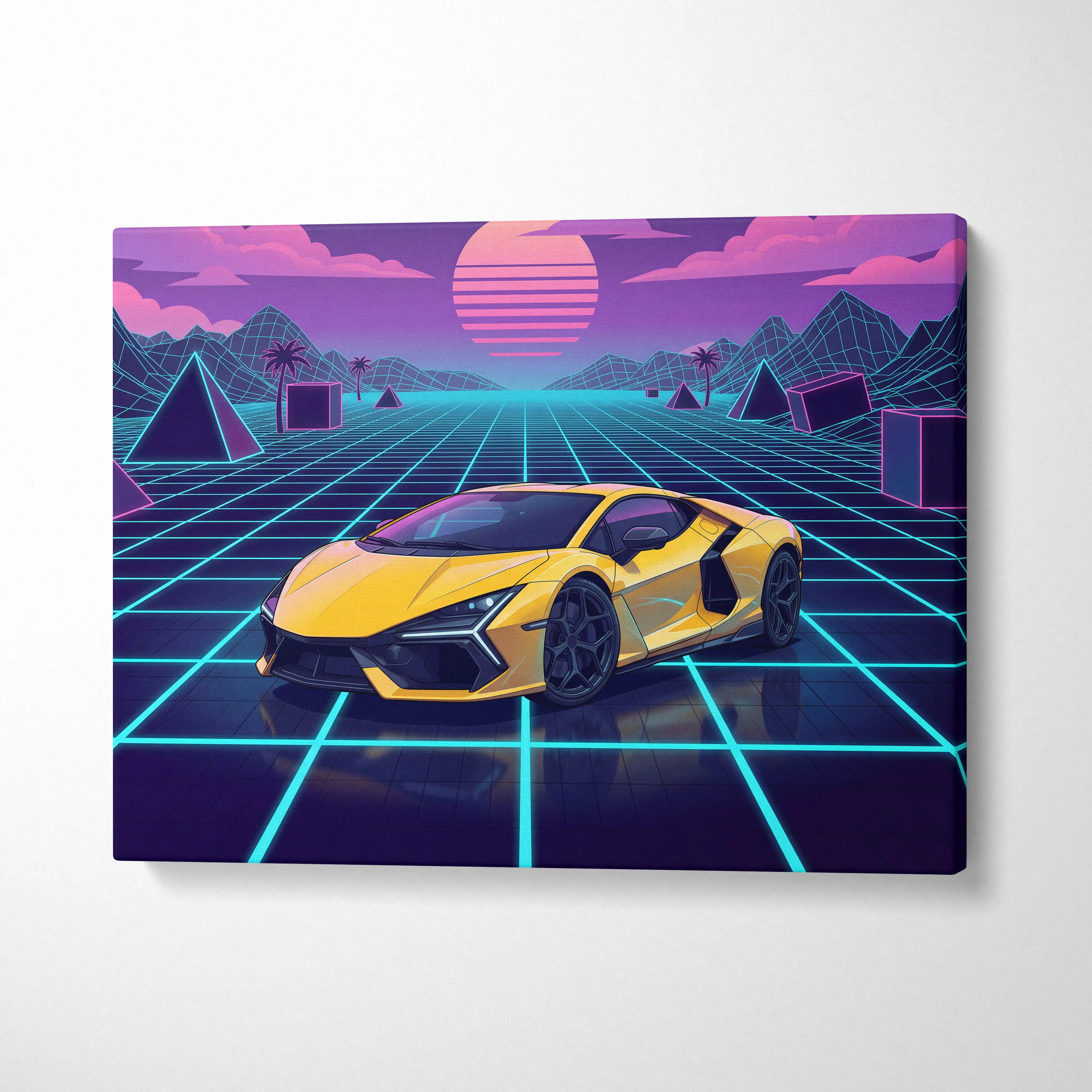 Lamborghini Revuelto Inspired Sunset Car Canvas - Car Neon Pink Purple Blue Vaporwave Mood Nostalgic Futuristic Decor Canvas