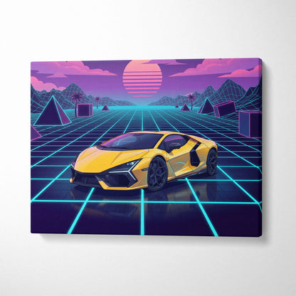 Lamborghini Revuelto Inspired Sunset Car Canvas - Car Neon Pink Purple Blue Vaporwave Mood Nostalgic Futuristic Decor Canvas