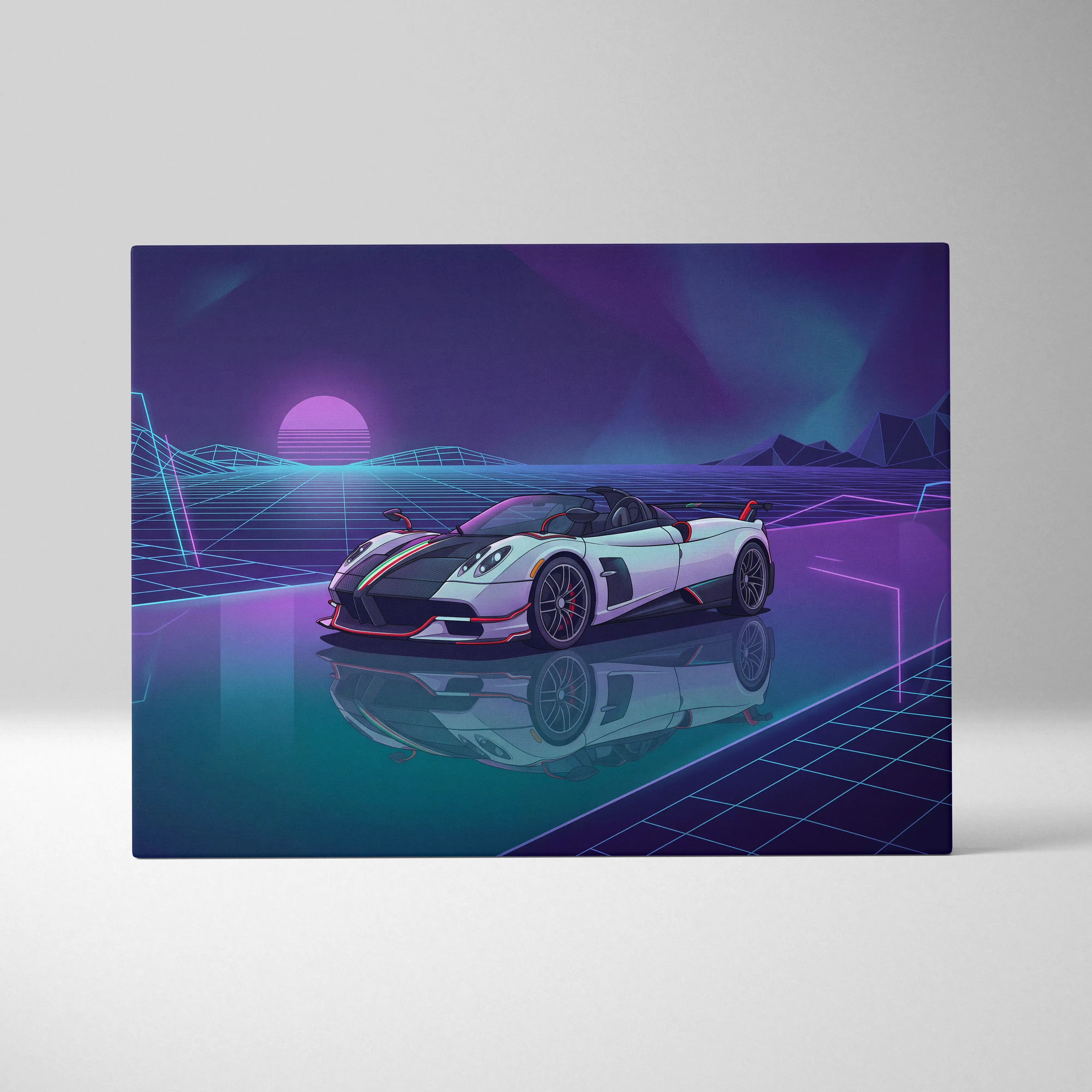 Pagani Zonda Roadster Inspired White Purple Canvas Wall Art Vaporwave Neon Grid Hypercar Artwork, Retro Futuristic Garage Decor