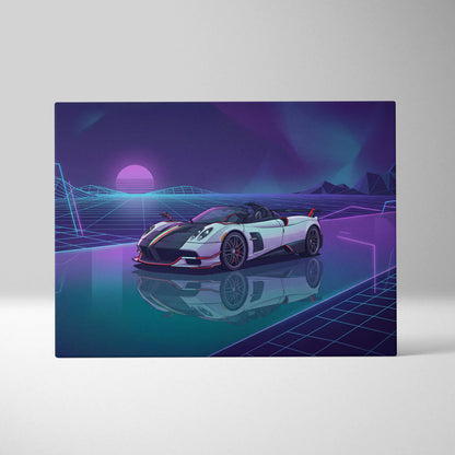 Pagani Zonda Roadster Inspired White Purple Canvas Wall Art Vaporwave Neon Grid Hypercar Artwork, Retro Futuristic Garage Decor