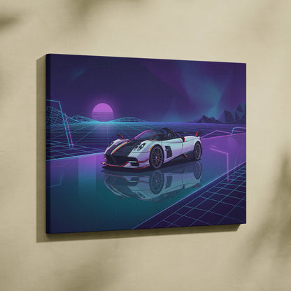 Pagani Zonda Roadster Inspired White Purple Canvas Wall Art Vaporwave Neon Grid Hypercar Artwork, Retro Futuristic Garage Decor