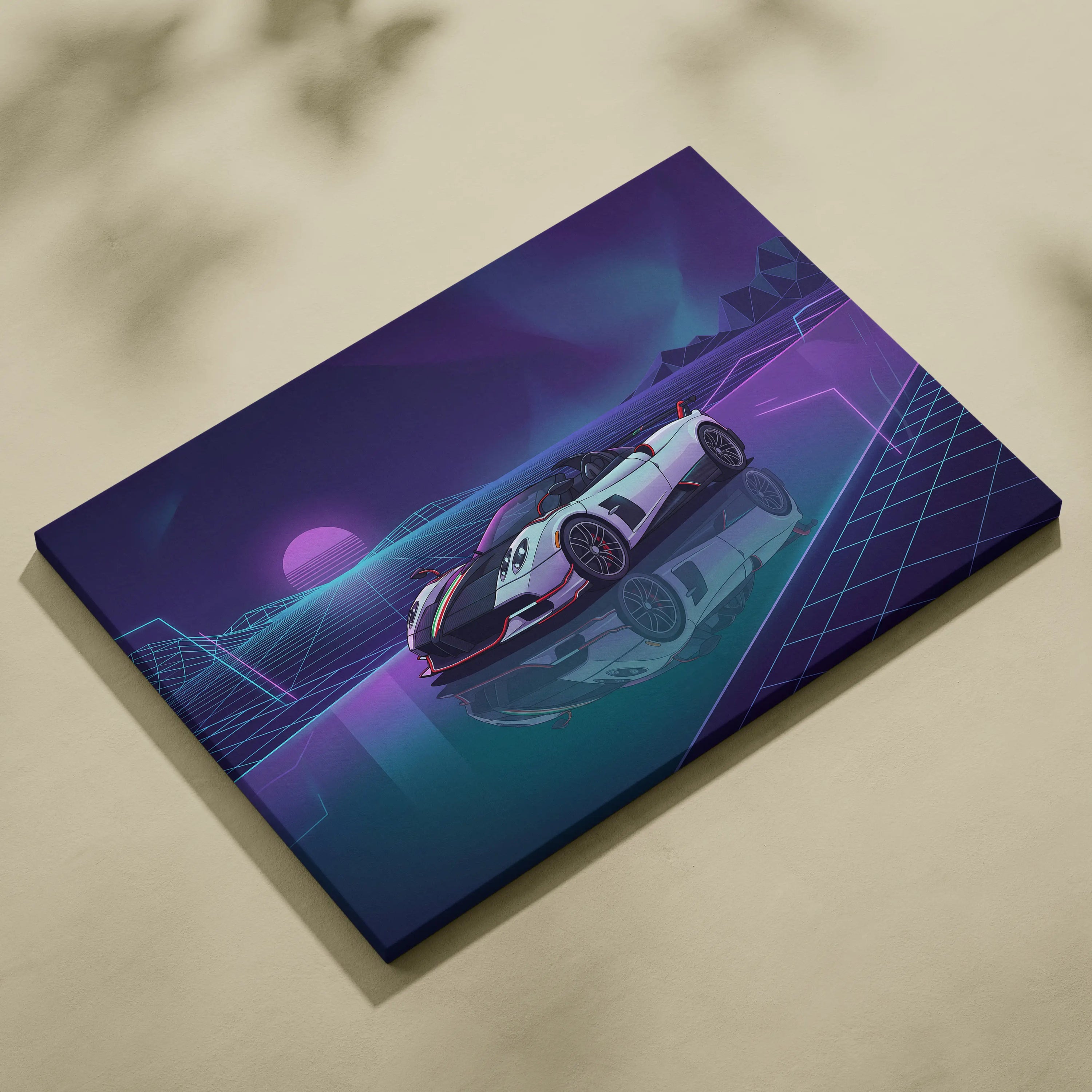 Pagani Zonda Roadster Inspired White Purple Canvas Wall Art Vaporwave Neon Grid Hypercar Artwork, Retro Futuristic Garage Decor