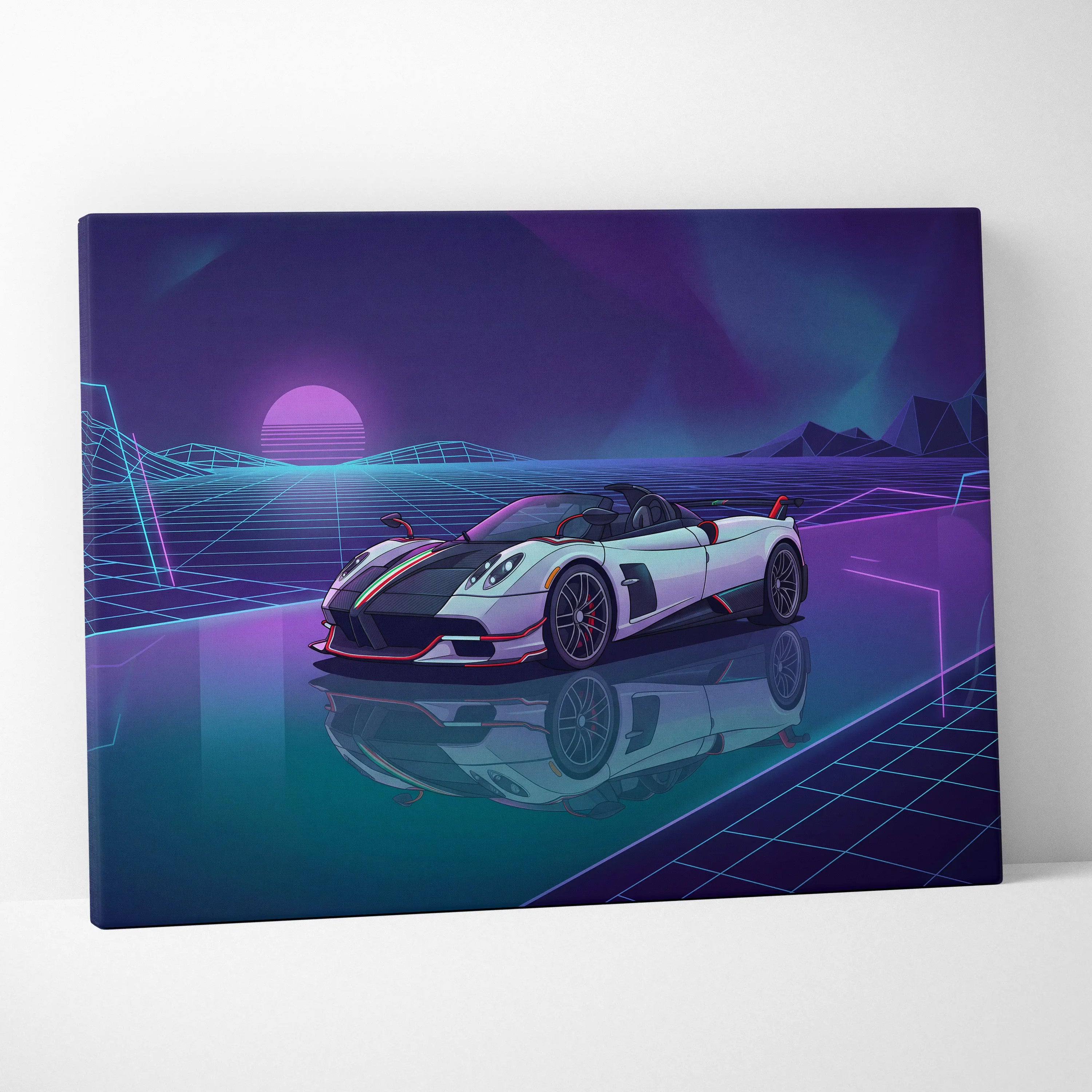 Pagani Zonda Roadster Inspired White Purple Canvas Wall Art Vaporwave Neon Grid Hypercar Artwork, Retro Futuristic Garage Decor