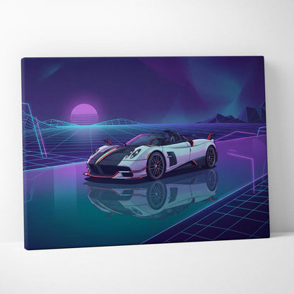 Pagani Zonda Roadster Inspired White Purple Canvas Wall Art Vaporwave Neon Grid Hypercar Artwork, Retro Futuristic Garage Decor