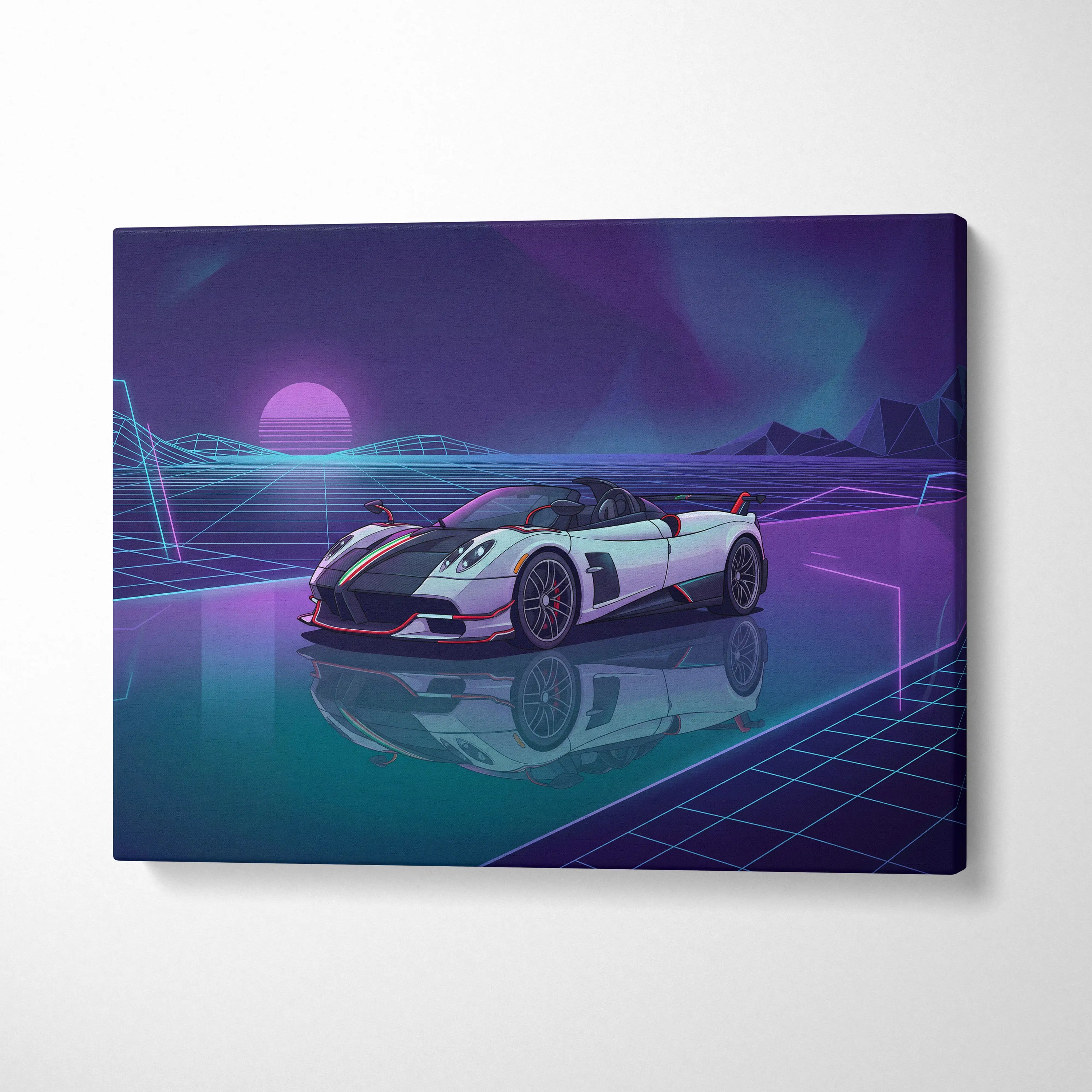 Pagani Zonda Roadster Inspired White Purple Canvas Wall Art Vaporwave Neon Grid Hypercar Artwork, Retro Futuristic Garage Decor