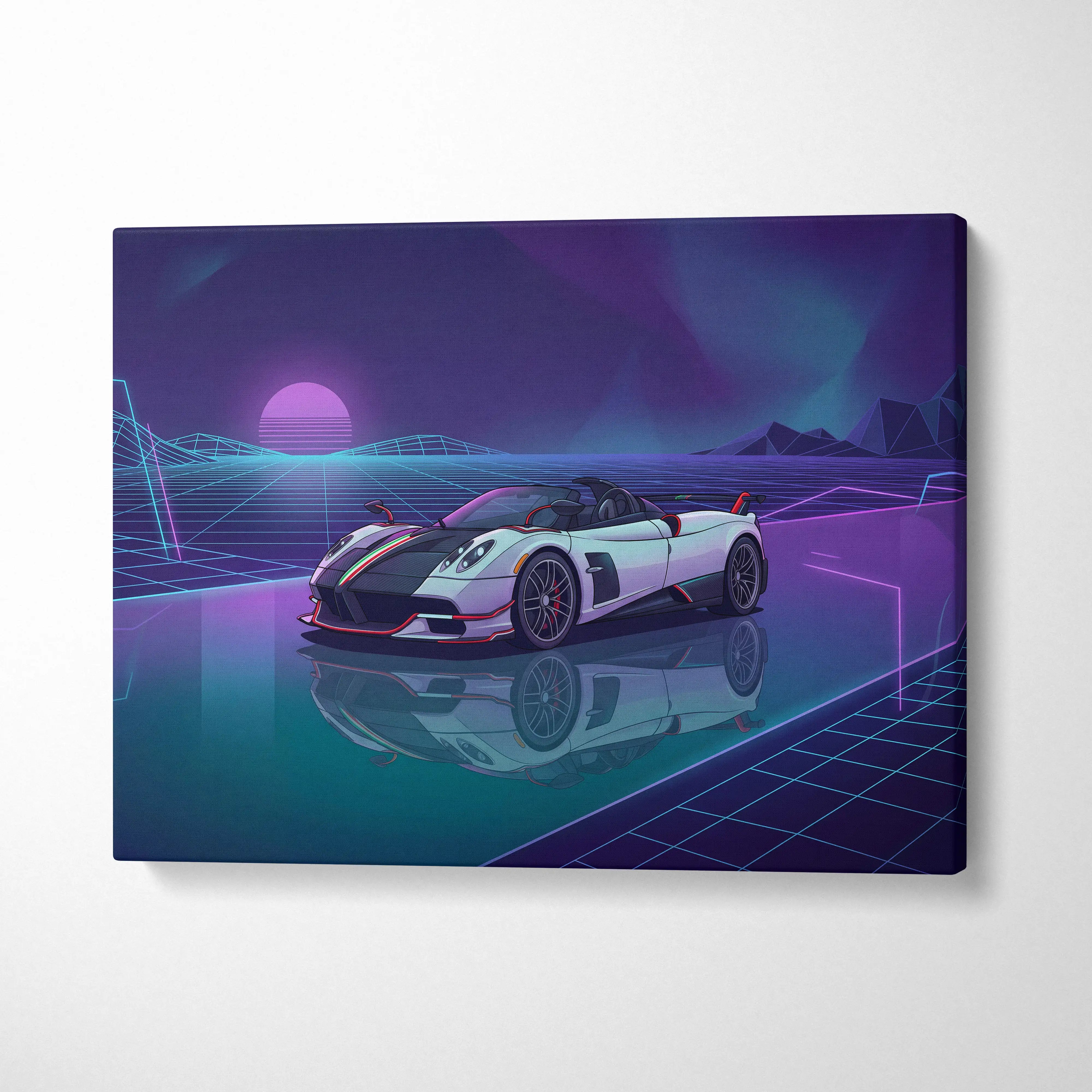 Pagani Zonda Roadster Inspired White Purple Canvas Wall Art Vaporwave Neon Grid Hypercar Artwork, Retro Futuristic Garage Decor
