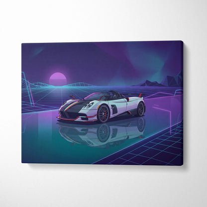 Pagani Zonda Roadster Inspired White Purple Canvas Wall Art Vaporwave Neon Grid Hypercar Artwork, Retro Futuristic Garage Decor