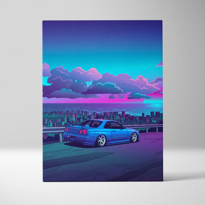 Nissan Skyline GT-R R34 Inspired Blue Purple City Canvas Wall Art Vaporwave JDM Car Artwork, Neon Skyline Garage Decor Retro Futuristic Print