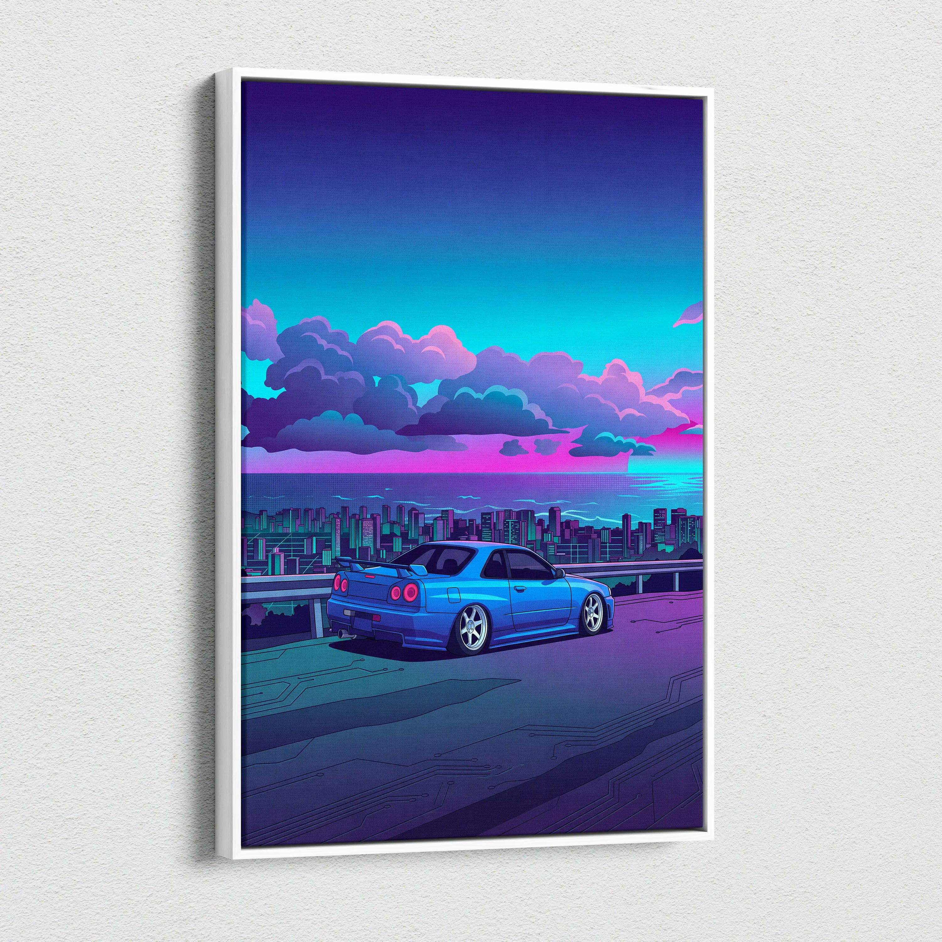 Nissan Skyline GT-R R34 Inspired Blue Purple City Canvas Wall Art Vaporwave JDM Car Artwork, Neon Skyline Garage Decor Retro Futuristic Print
