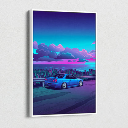 Nissan Skyline GT-R R34 Inspired Blue Purple City Canvas Wall Art Vaporwave JDM Car Artwork, Neon Skyline Garage Decor Retro Futuristic Print