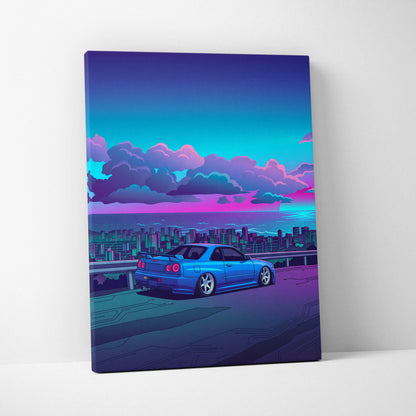 Nissan Skyline GT-R R34 Inspired Blue Purple City Canvas Wall Art Vaporwave JDM Car Artwork, Neon Skyline Garage Decor Retro Futuristic Print