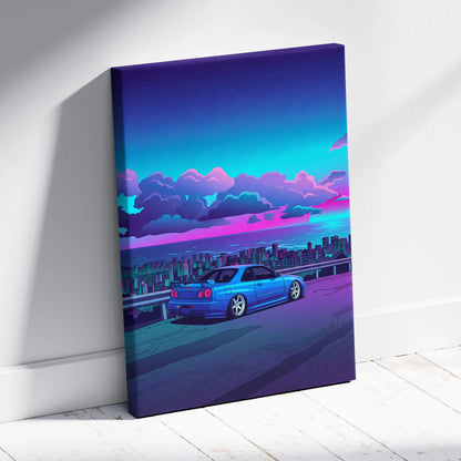 Nissan Skyline GT-R R34 Inspired Blue Purple City Canvas Wall Art Vaporwave JDM Car Artwork, Neon Skyline Garage Decor Retro Futuristic Print