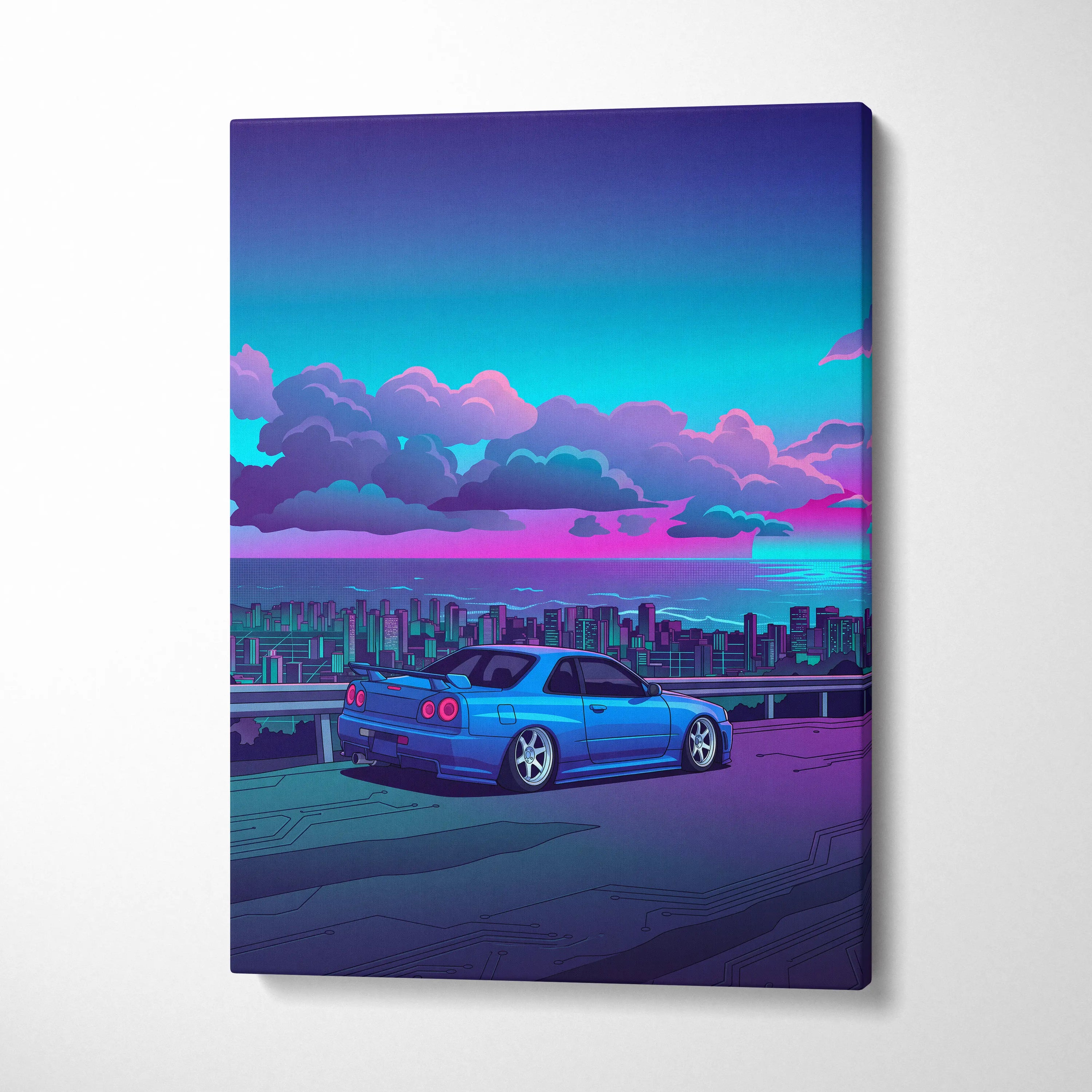 Nissan Skyline GT-R R34 Inspired Blue Purple City Canvas Wall Art Vaporwave JDM Car Artwork, Neon Skyline Garage Decor Retro Futuristic Print