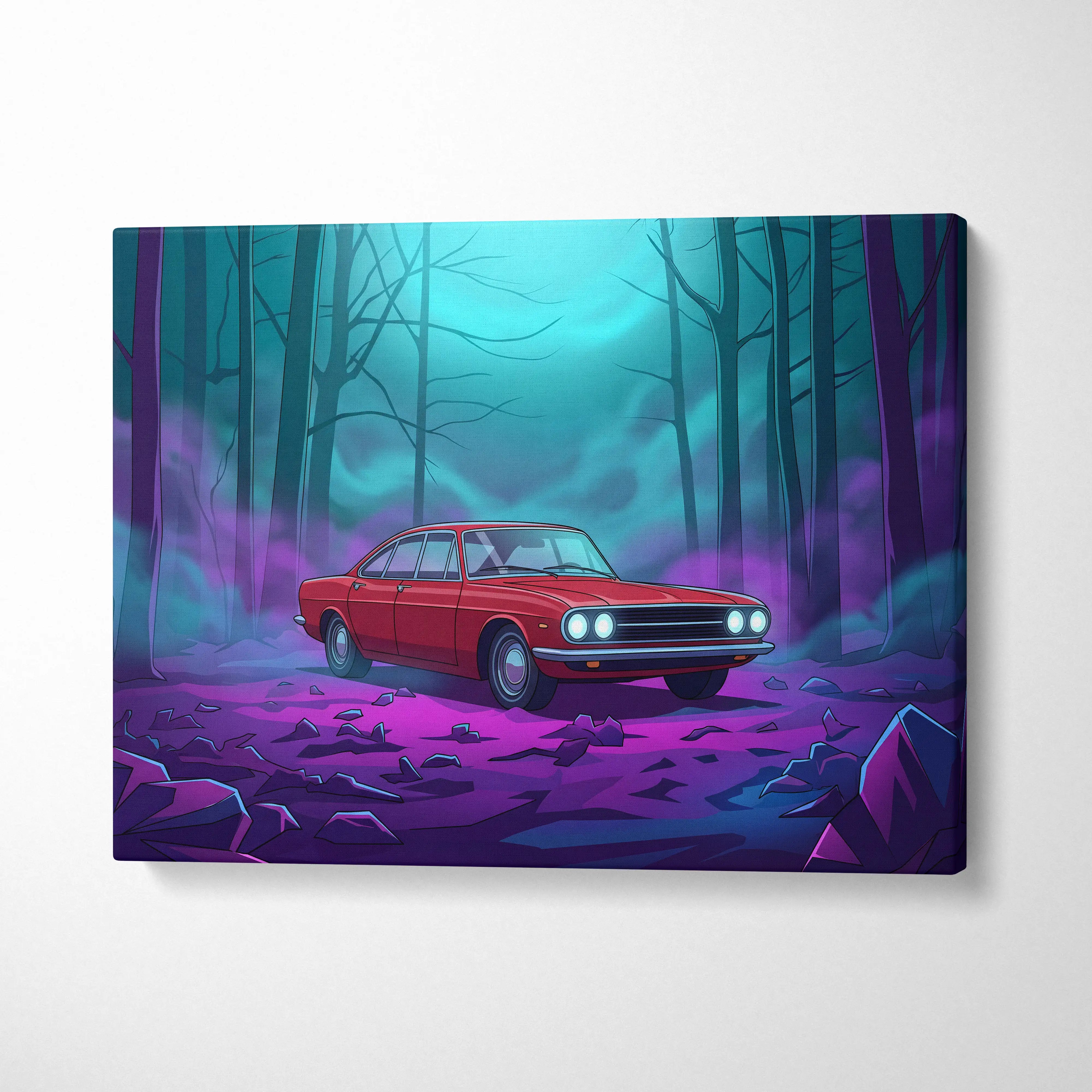 Vintage Muscle Inspired Red Purple Canvas Wall Art Vaporwave Classic JDM Sedan Artwork Neon Forest Garage Decor Retro Futuristic Night Print