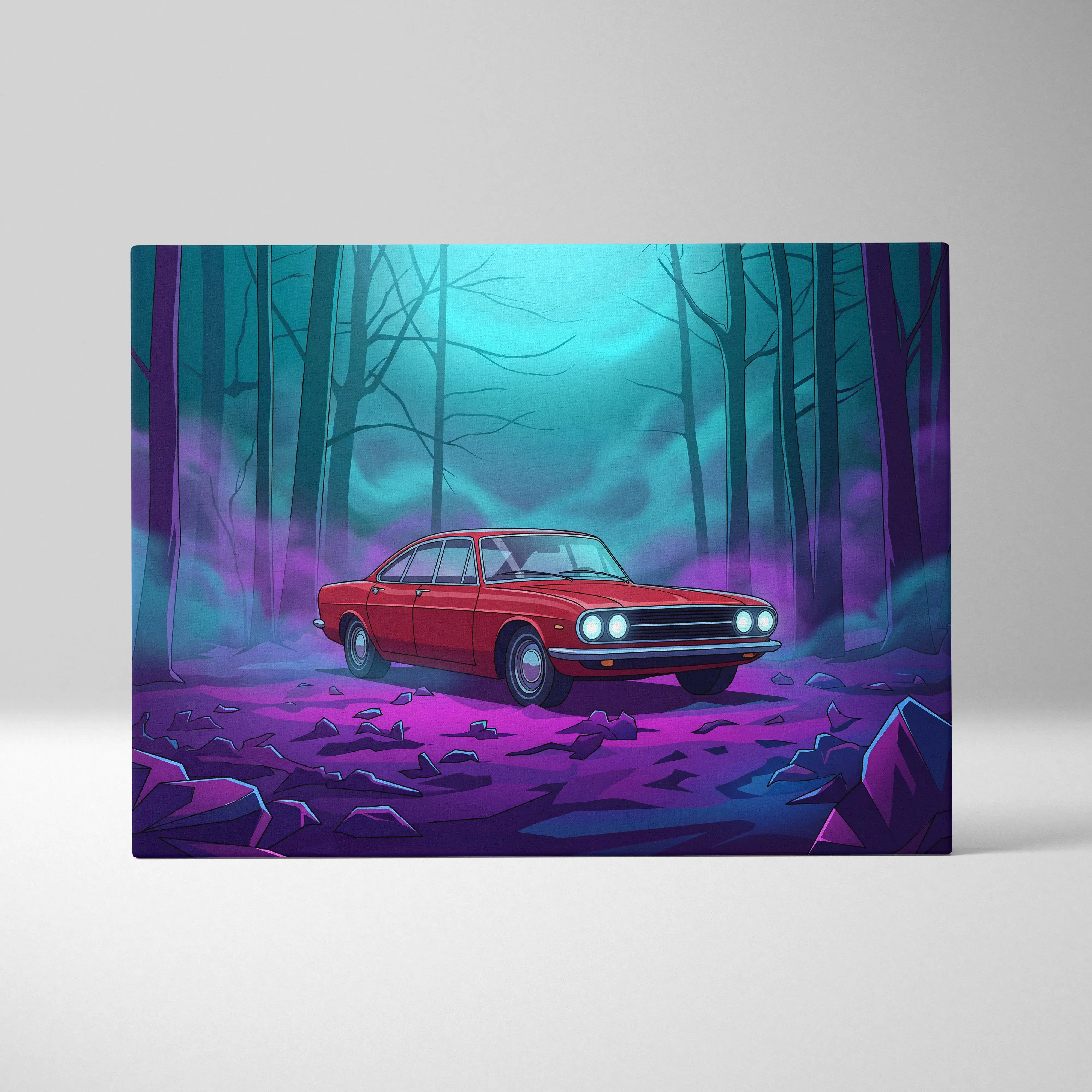 Vintage Muscle Inspired Red Purple Canvas Wall Art Vaporwave Classic JDM Sedan Artwork Neon Forest Garage Decor Retro Futuristic Night Print
