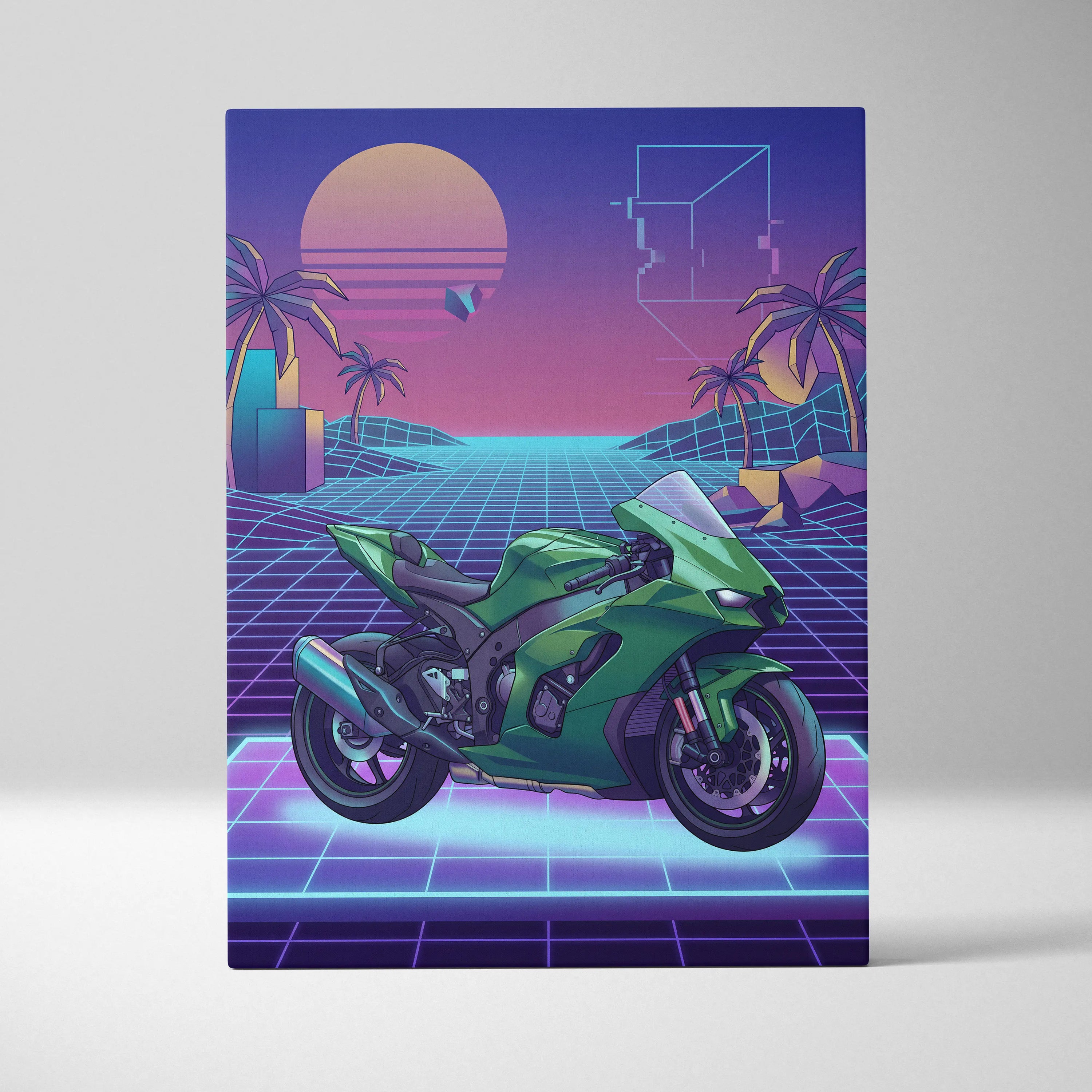 Kawasaki Ninja ZX-10R Inspired Green Purple Vaporwave Motorcycle Canvas Wall Art Neon Grid Sportbike Artwork Retro Futuristic Garage Decor