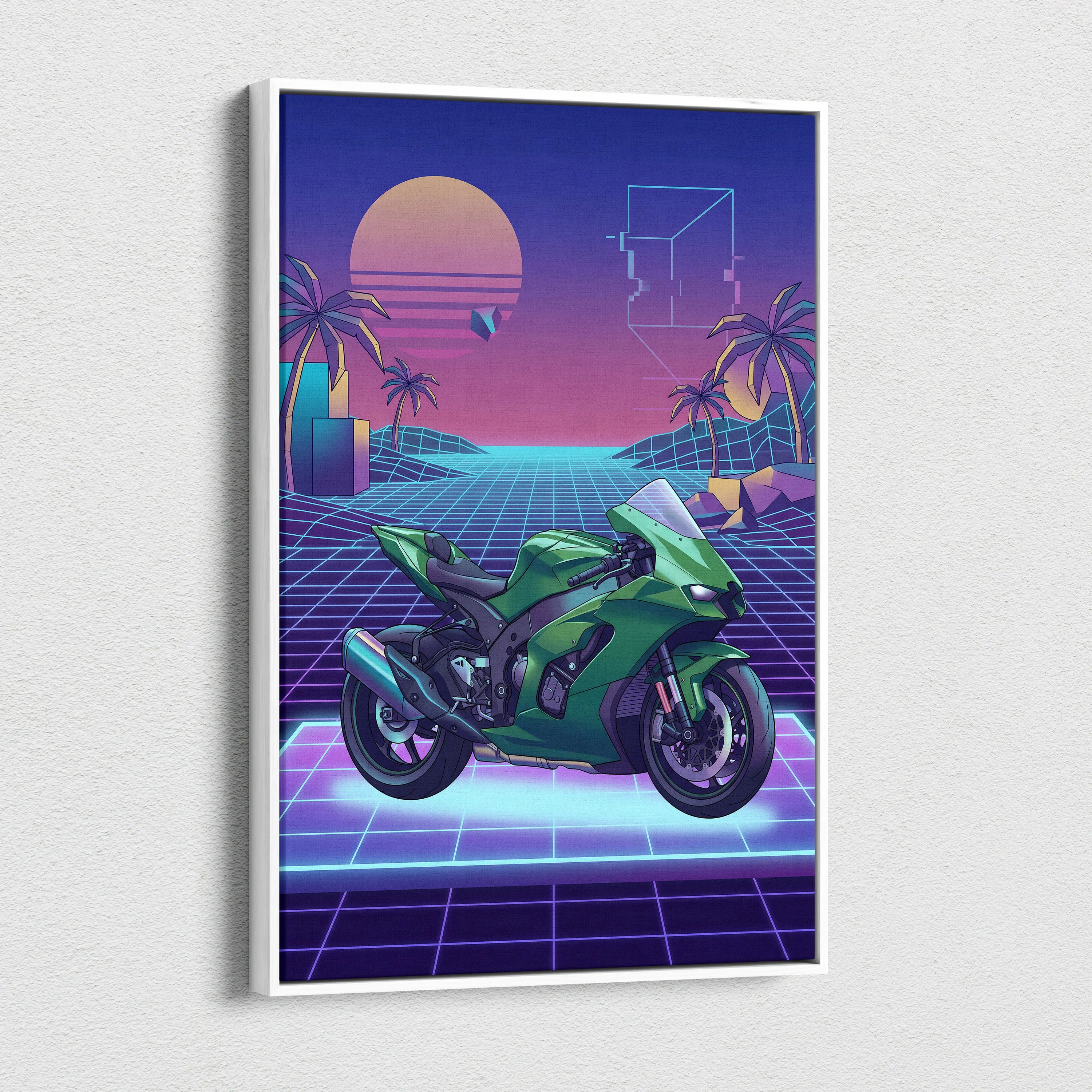 Kawasaki Ninja ZX-10R Inspired Green Purple Vaporwave Motorcycle Canvas Wall Art Neon Grid Sportbike Artwork Retro Futuristic Garage Decor