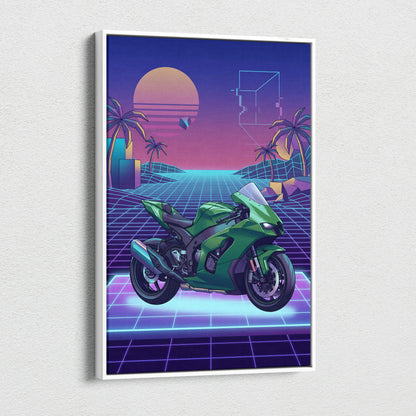 Kawasaki Ninja ZX-10R Inspired Green Purple Vaporwave Motorcycle Canvas Wall Art Neon Grid Sportbike Artwork Retro Futuristic Garage Decor