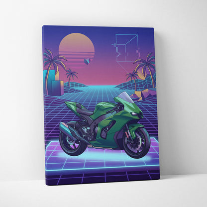 Kawasaki Ninja ZX-10R Inspired Green Purple Vaporwave Motorcycle Canvas Wall Art Neon Grid Sportbike Artwork Retro Futuristic Garage Decor