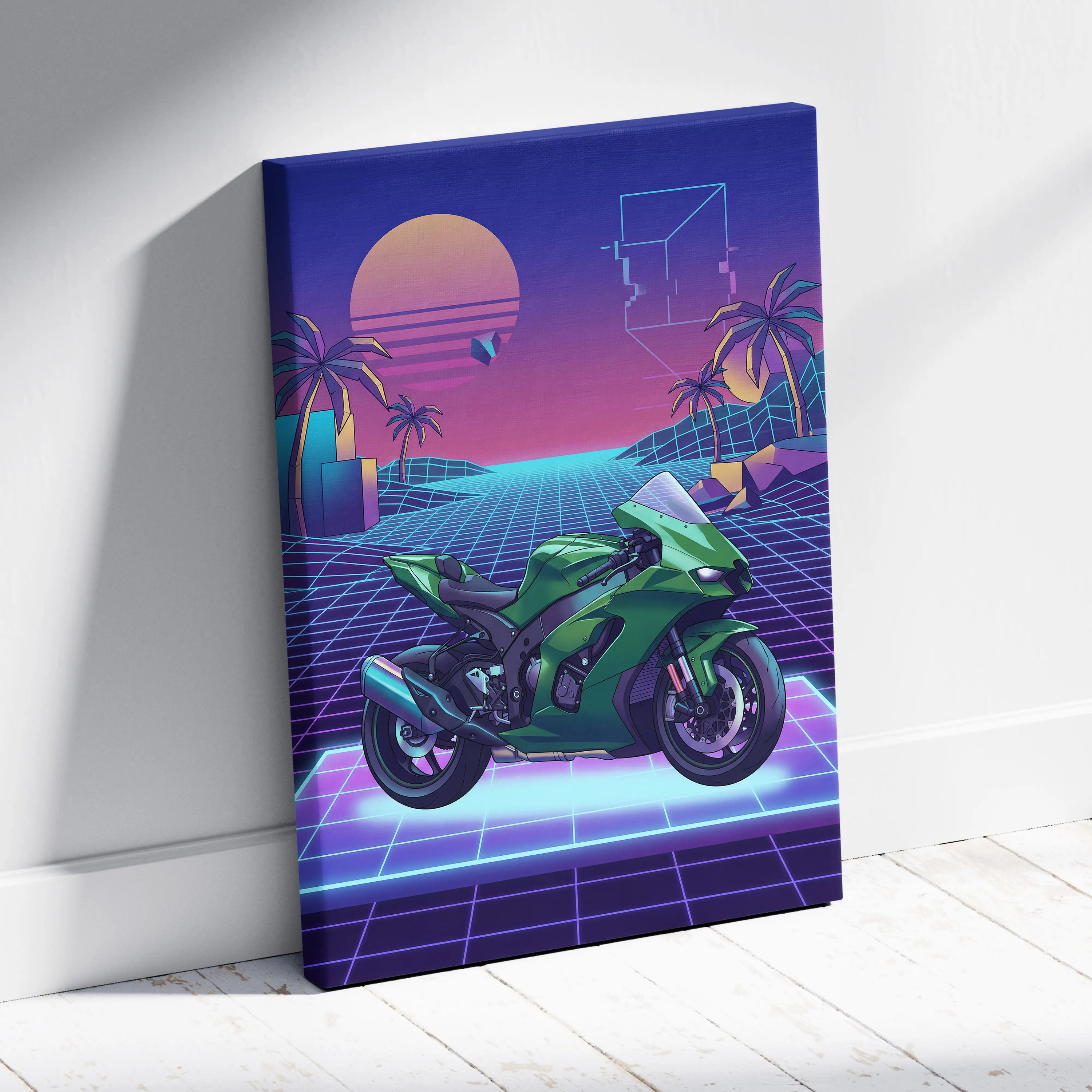 Kawasaki Ninja ZX-10R Inspired Green Purple Vaporwave Motorcycle Canvas Wall Art Neon Grid Sportbike Artwork Retro Futuristic Garage Decor