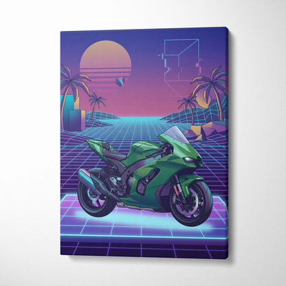 Kawasaki Ninja ZX-10R Inspired Green Purple Vaporwave Motorcycle Canvas Wall Art Neon Grid Sportbike Artwork Retro Futuristic Garage Decor