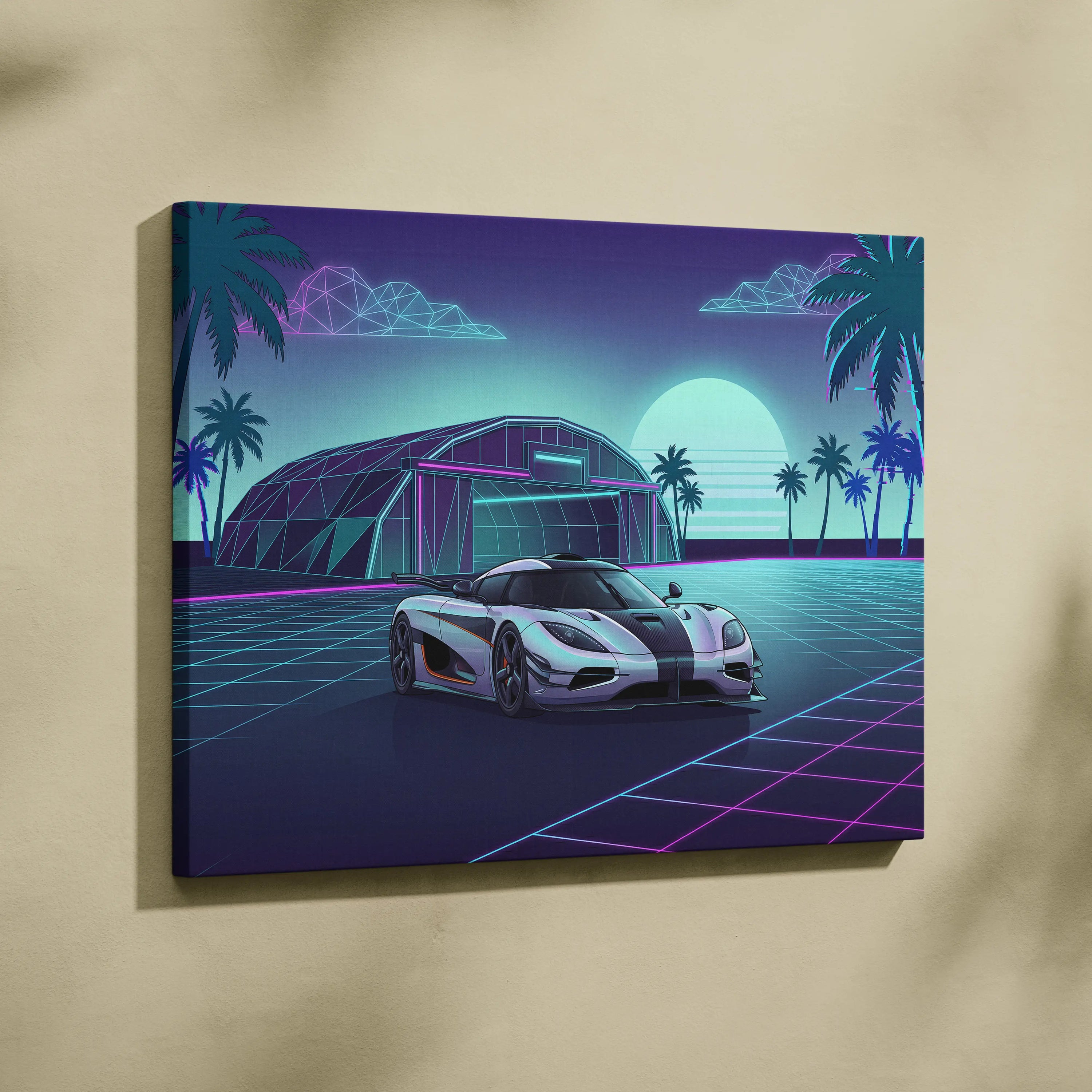 Koenigsegg One:1 Inspired Silver Teal Canvas Wall Art Vaporwave Hypercar Artwork Neon Palm Garage Decor Retro Futuristic Sunset Print
