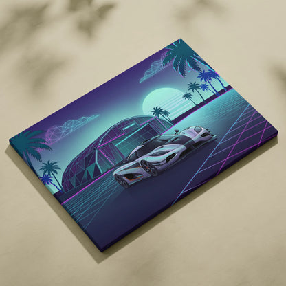Koenigsegg One:1 Inspired Silver Teal Canvas Wall Art Vaporwave Hypercar Artwork Neon Palm Garage Decor Retro Futuristic Sunset Print